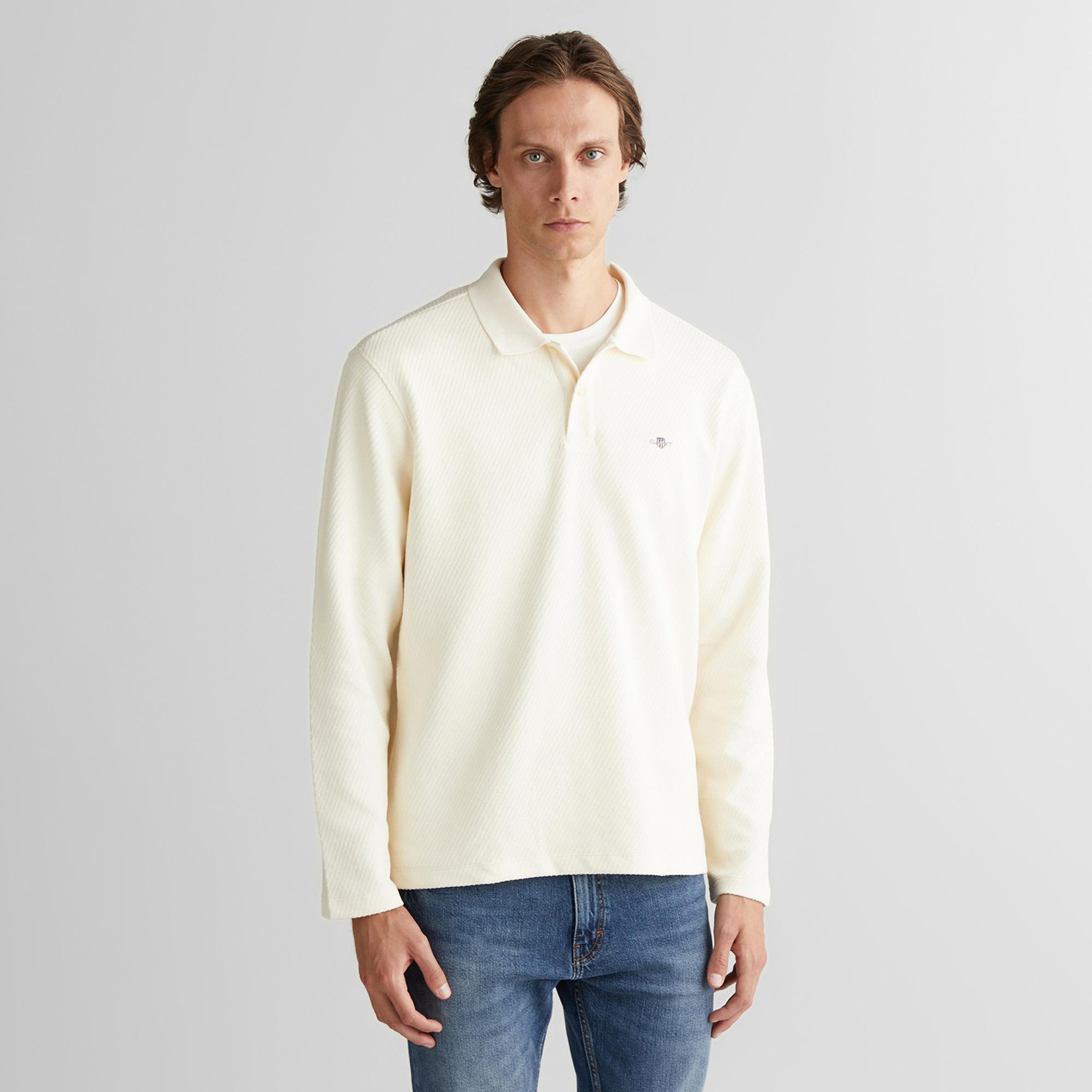 GANT Erkek Krem Relaxed Fit Polo Yaka Uzun Kollu T-Shirt