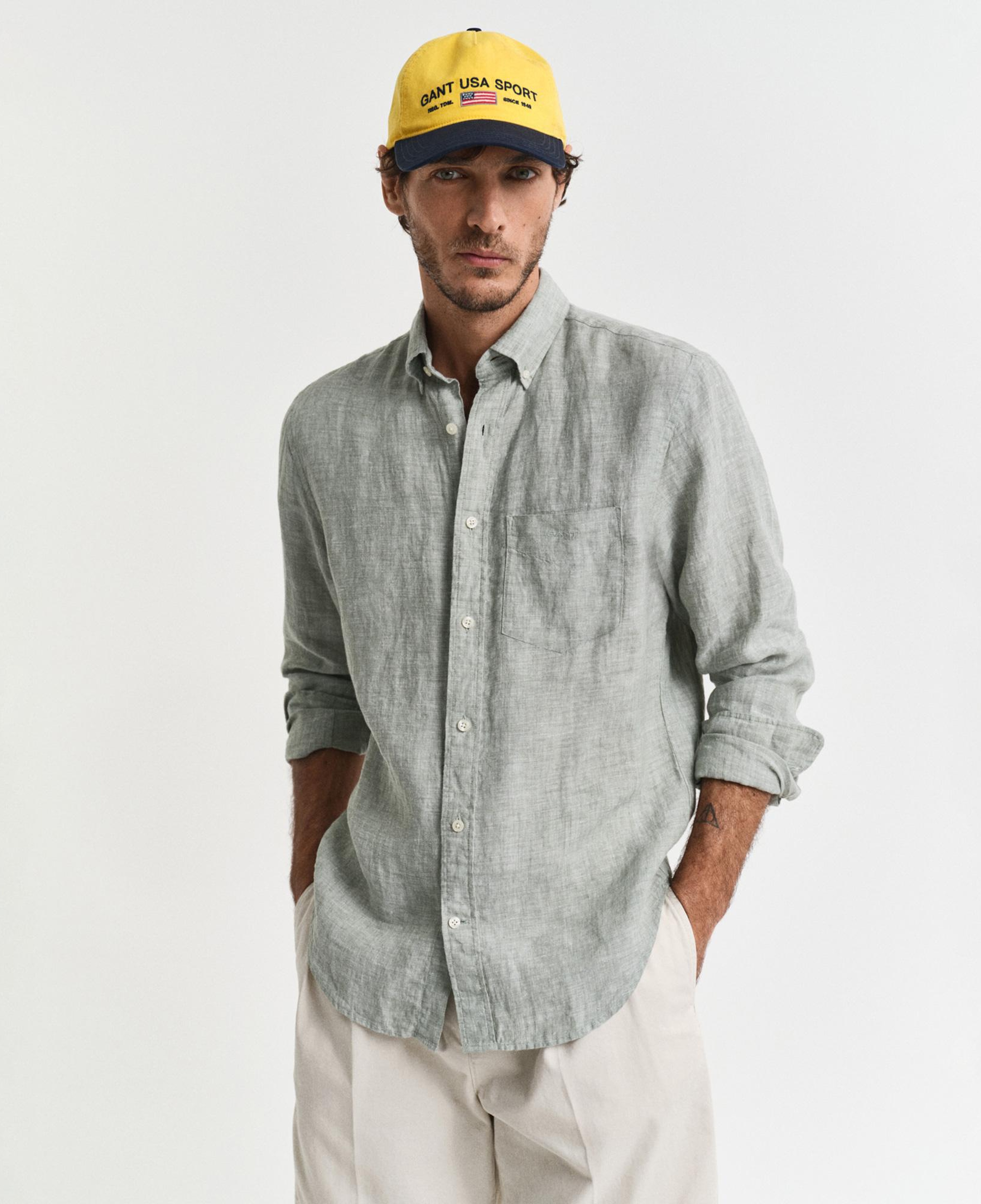 GANT Erkek Yeşil Regular Fit Düğmeli Yaka Keten Gömlek