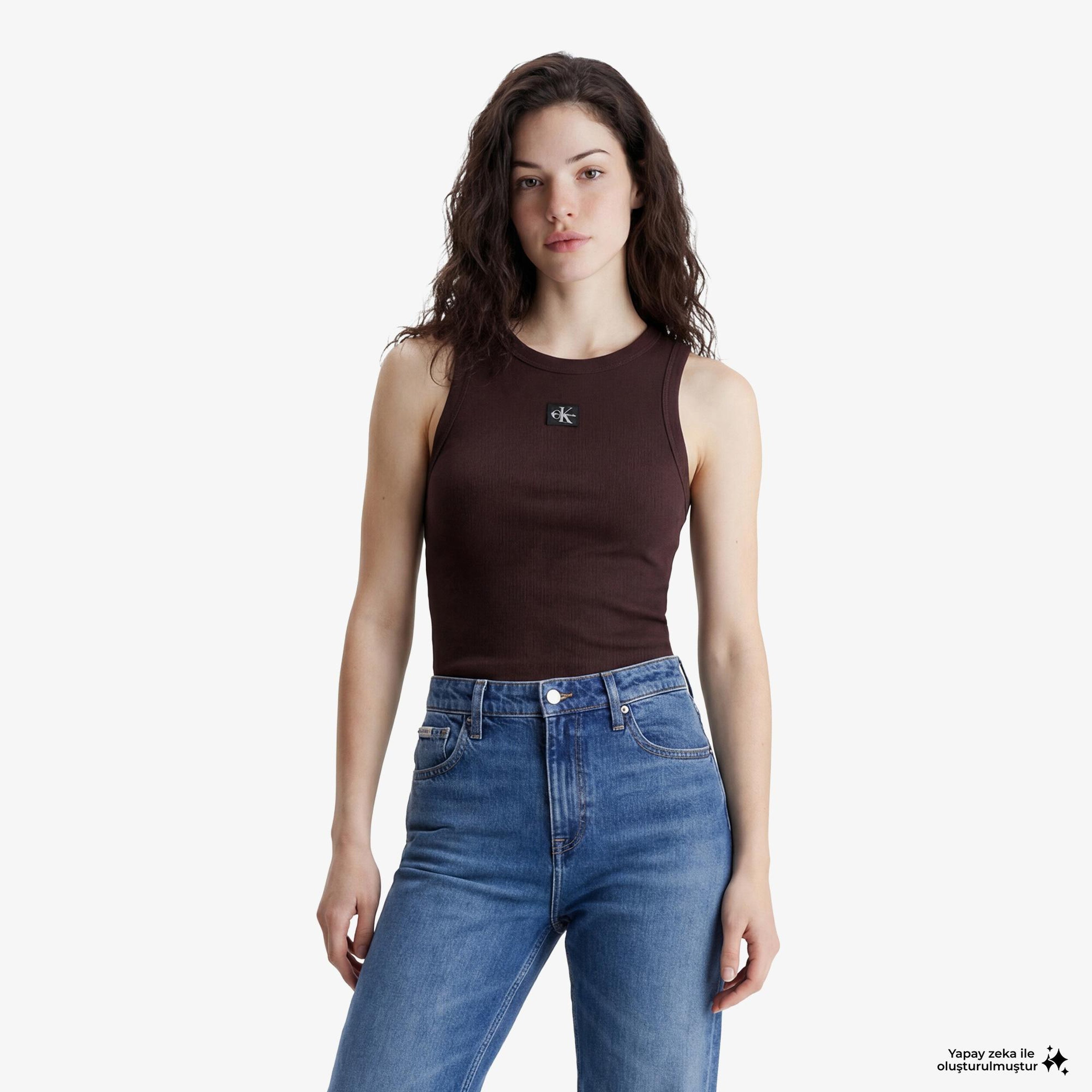 Calvin Klein Woven Label 2X2 Baby Rib Kadın Kahverengi Kolsuz T-Shirt