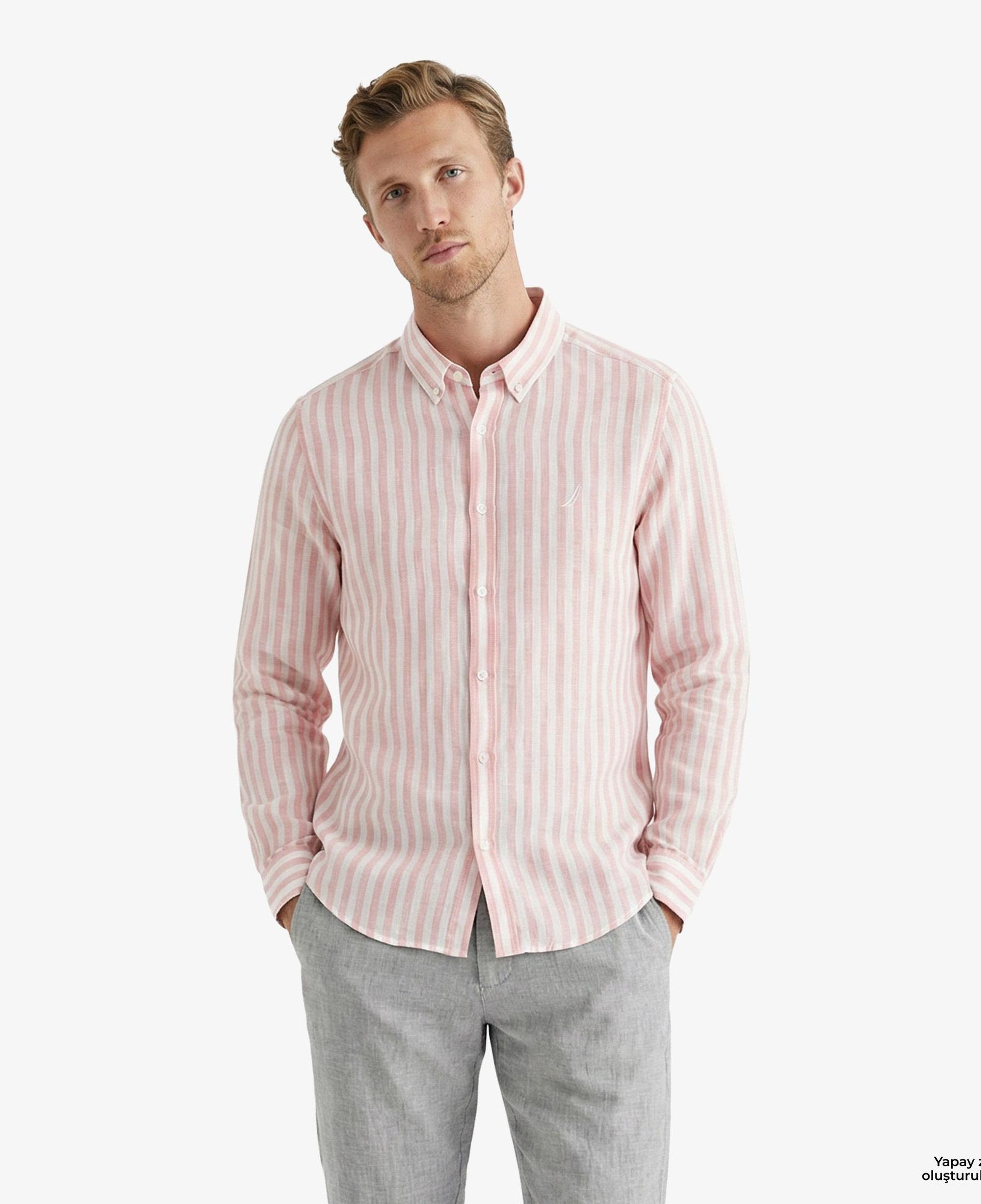 Nautica Erkek Pembe Regular Fit Çizgili Keten Gömlek