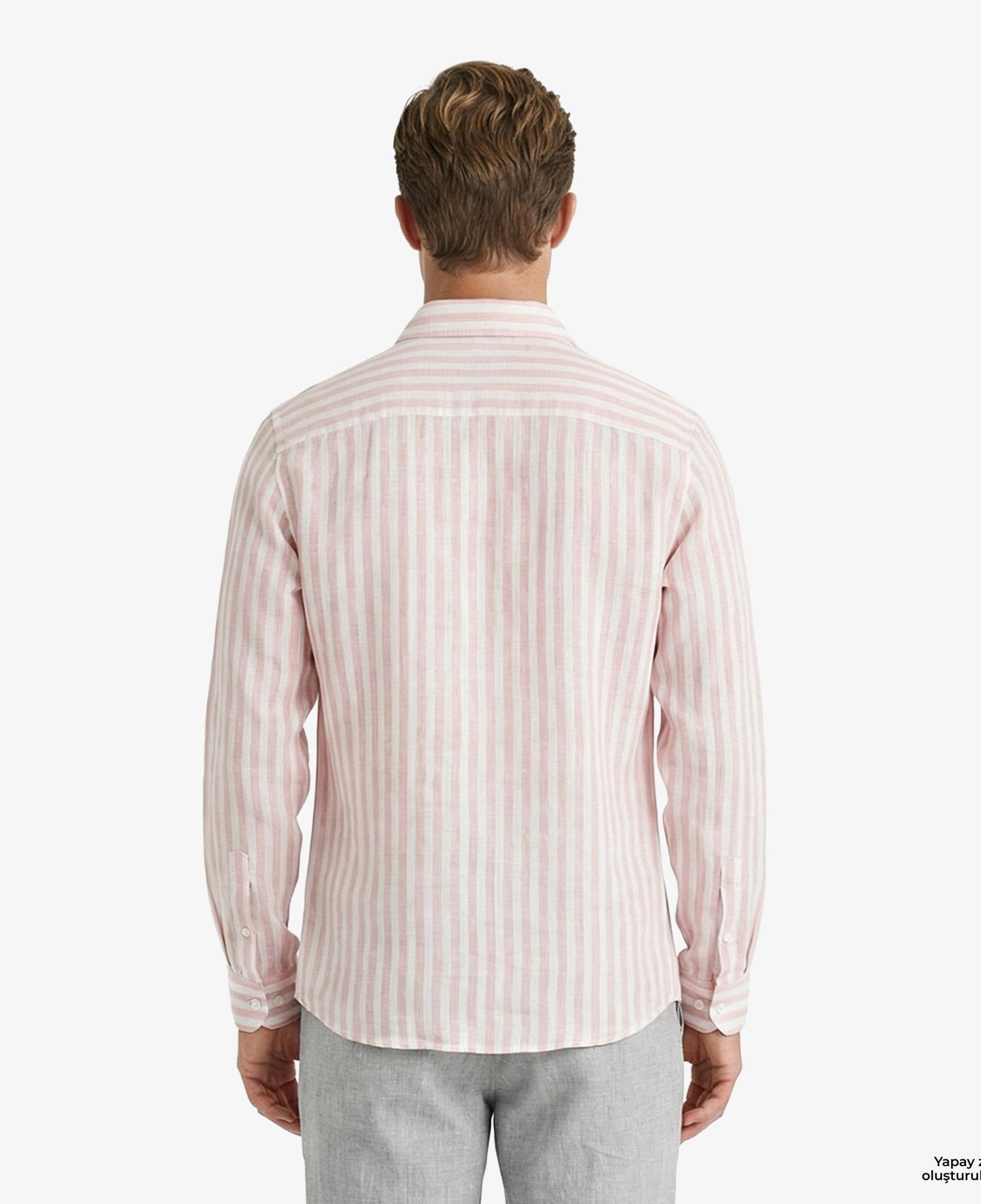 Nautica Erkek Pembe Regular Fit Çizgili Keten Gömlek