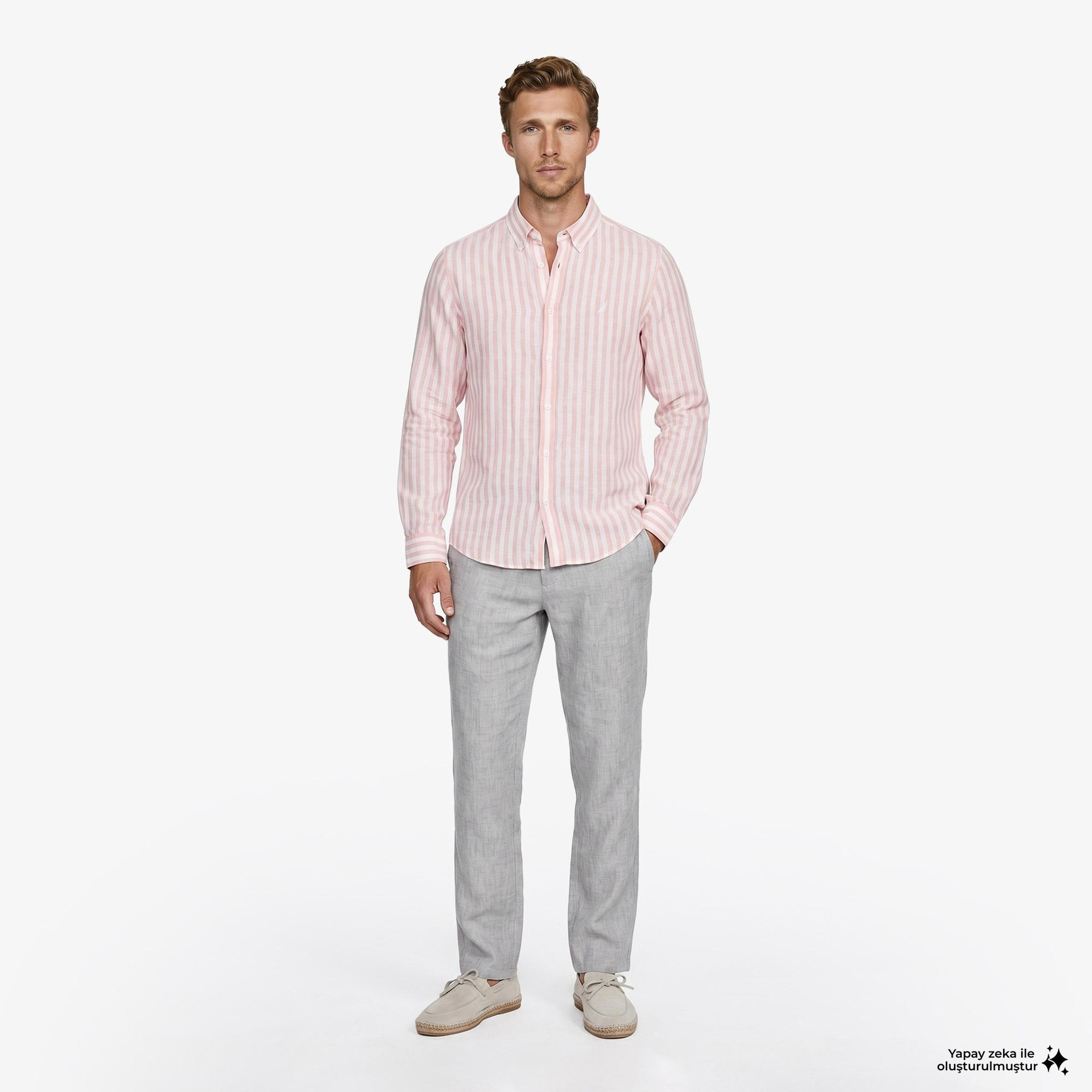Nautica Erkek Pembe Regular Fit Çizgili Keten Gömlek