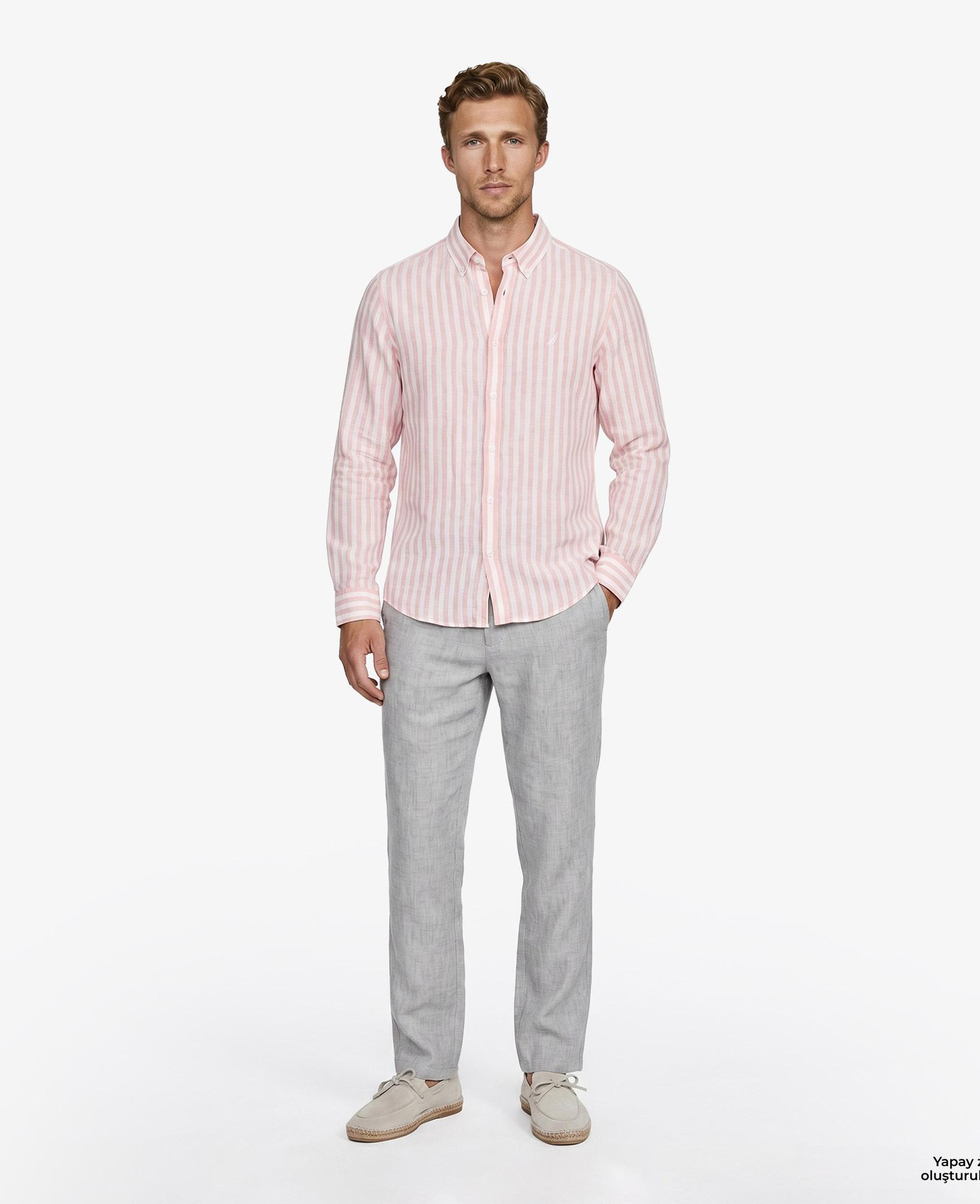 Nautica Erkek Pembe Regular Fit Çizgili Keten Gömlek