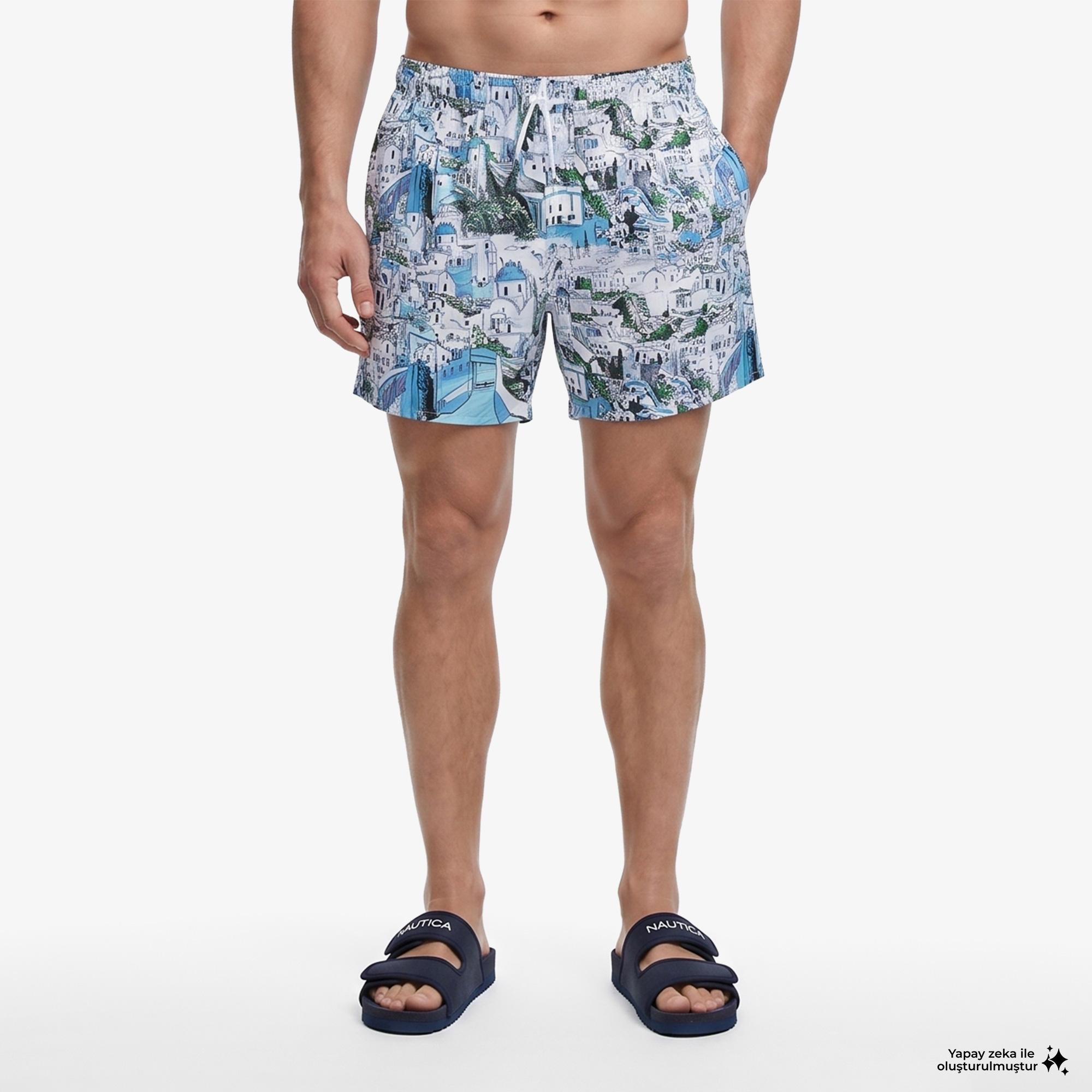 Nautica Erkek Mavi Regular Fit Desenli Deniz Şortu