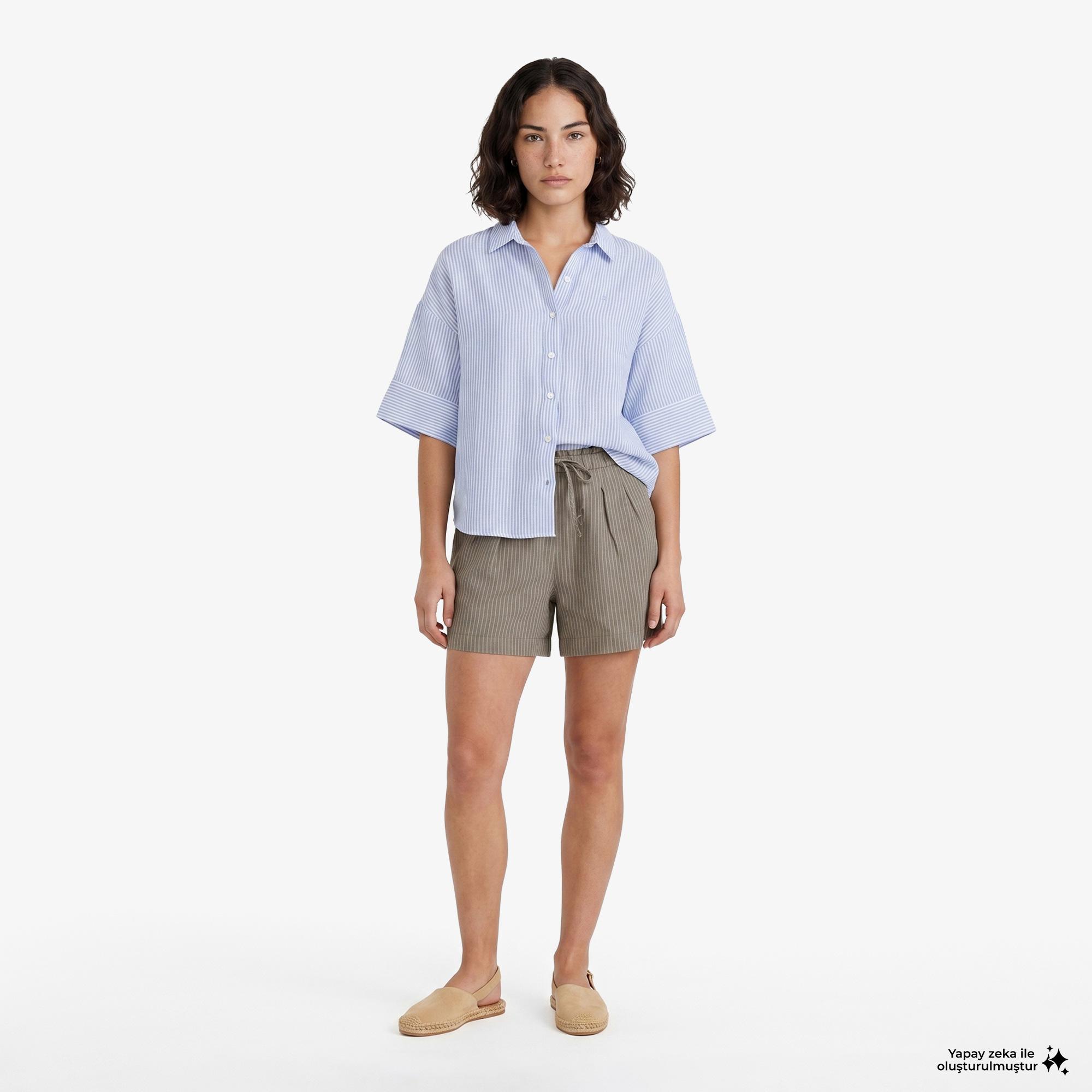 Nautica Kadın Mavi Regular Fit Kısa Kollu Çizgili Keten Gömlek