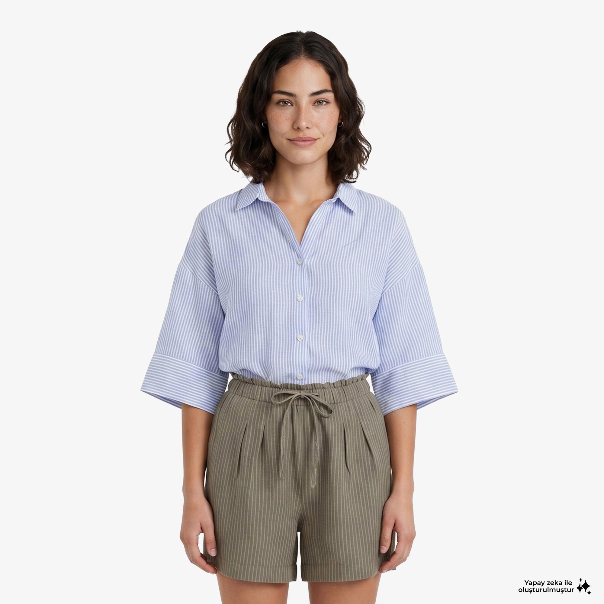 Nautica Kadın Mavi Regular Fit Kısa Kollu Çizgili Keten Gömlek