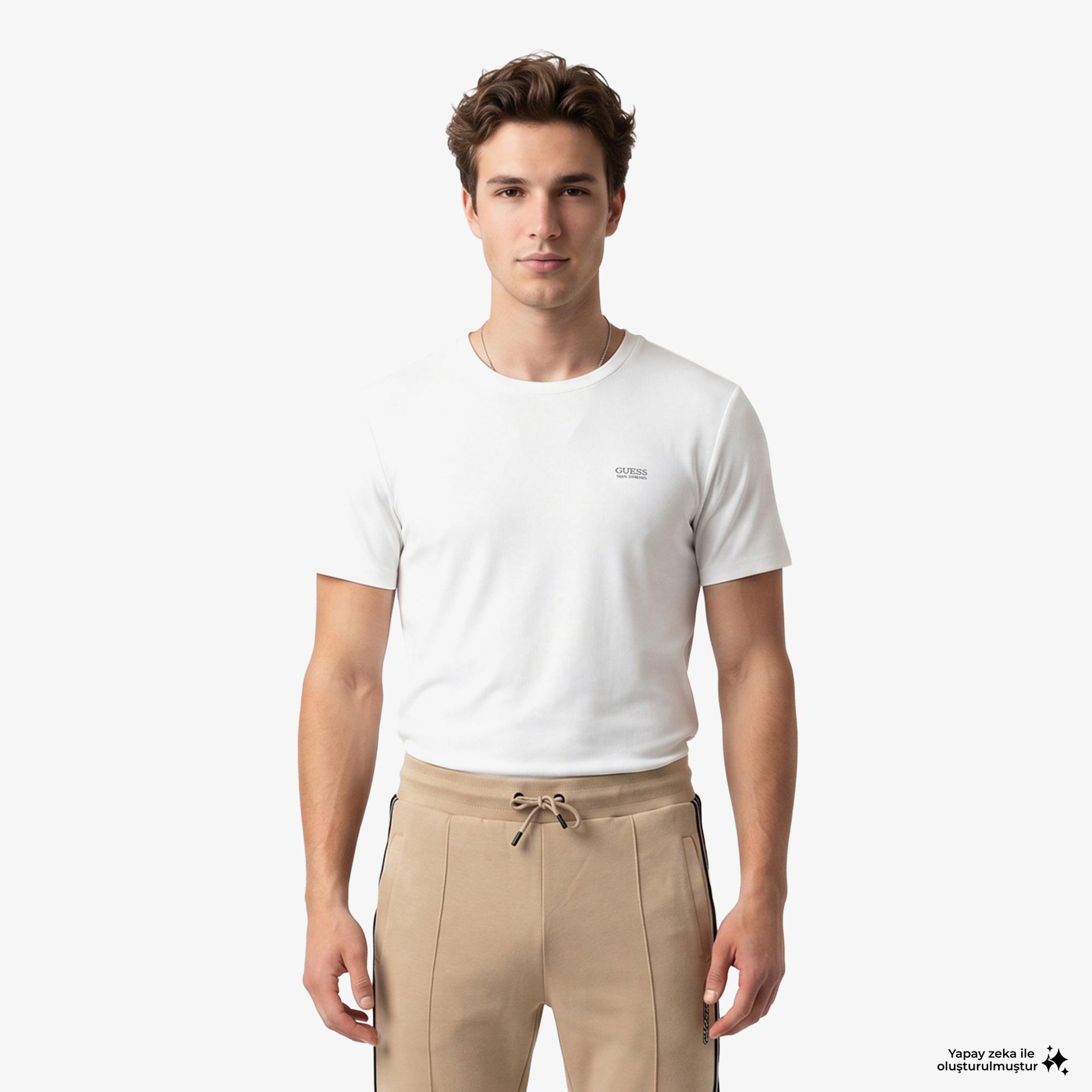 Guess Waffle Slim Fit Erkek Beyaz T-Shirt