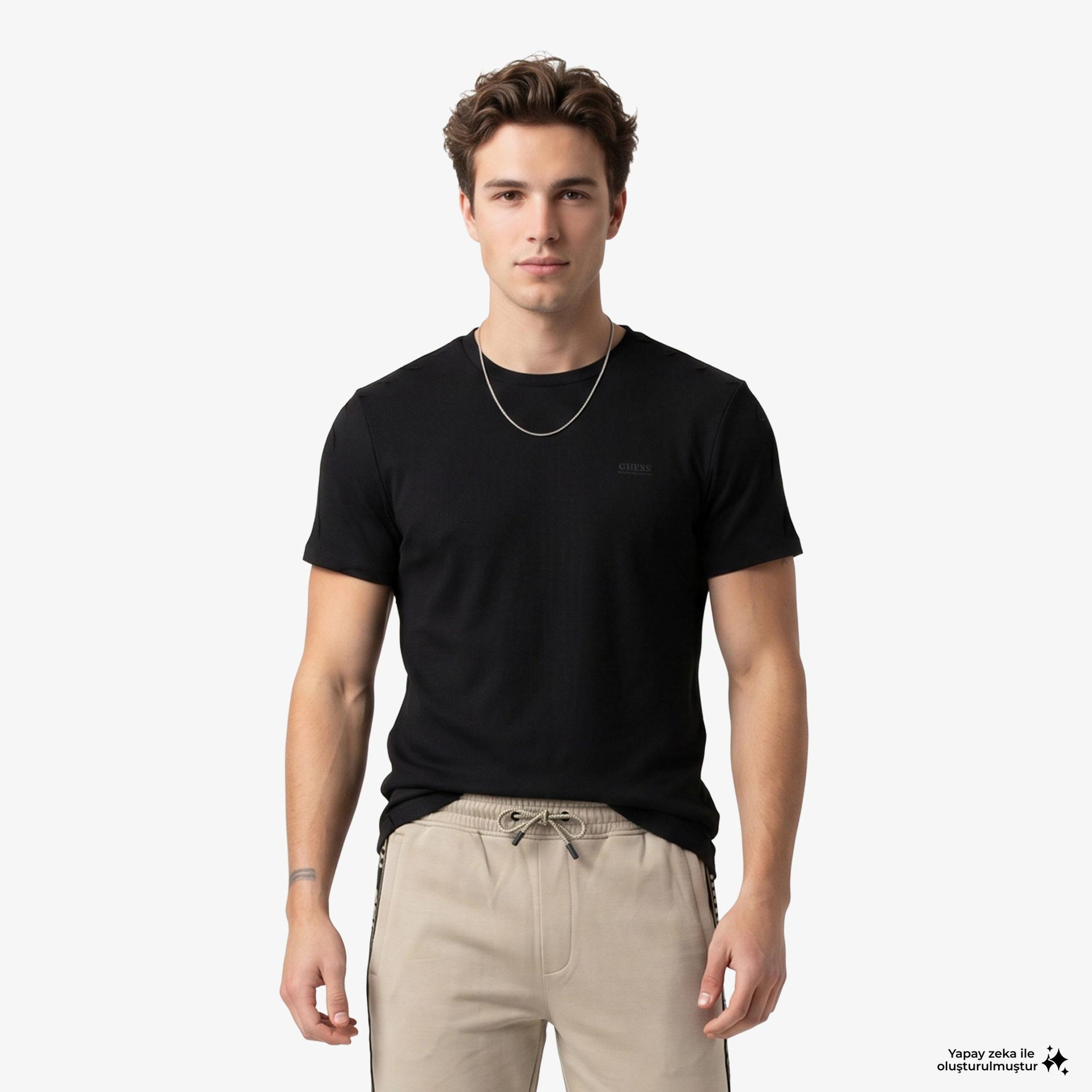 Guess Waffle Slim Fit Erkek Siyah T-Shirt