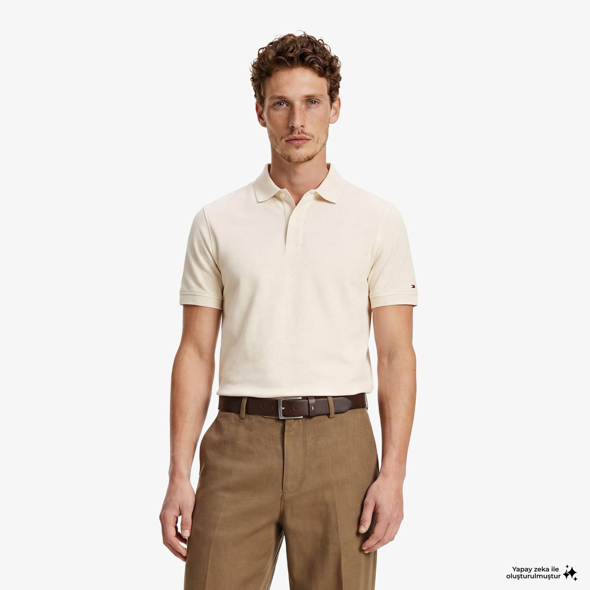 Tommy Hilfiger Elevated Essentials Erkek Krem Rengi Polo Yaka T-Shirt