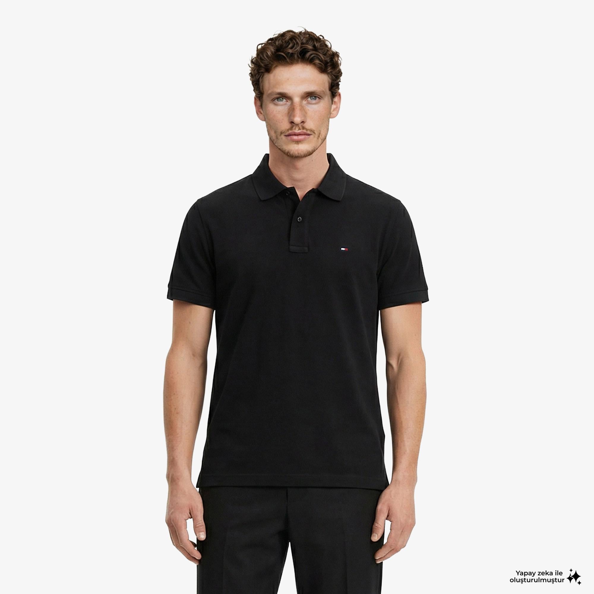 Tommy Hilfiger Classic Flag Erkek Siyah Polo Yaka T-Shirt