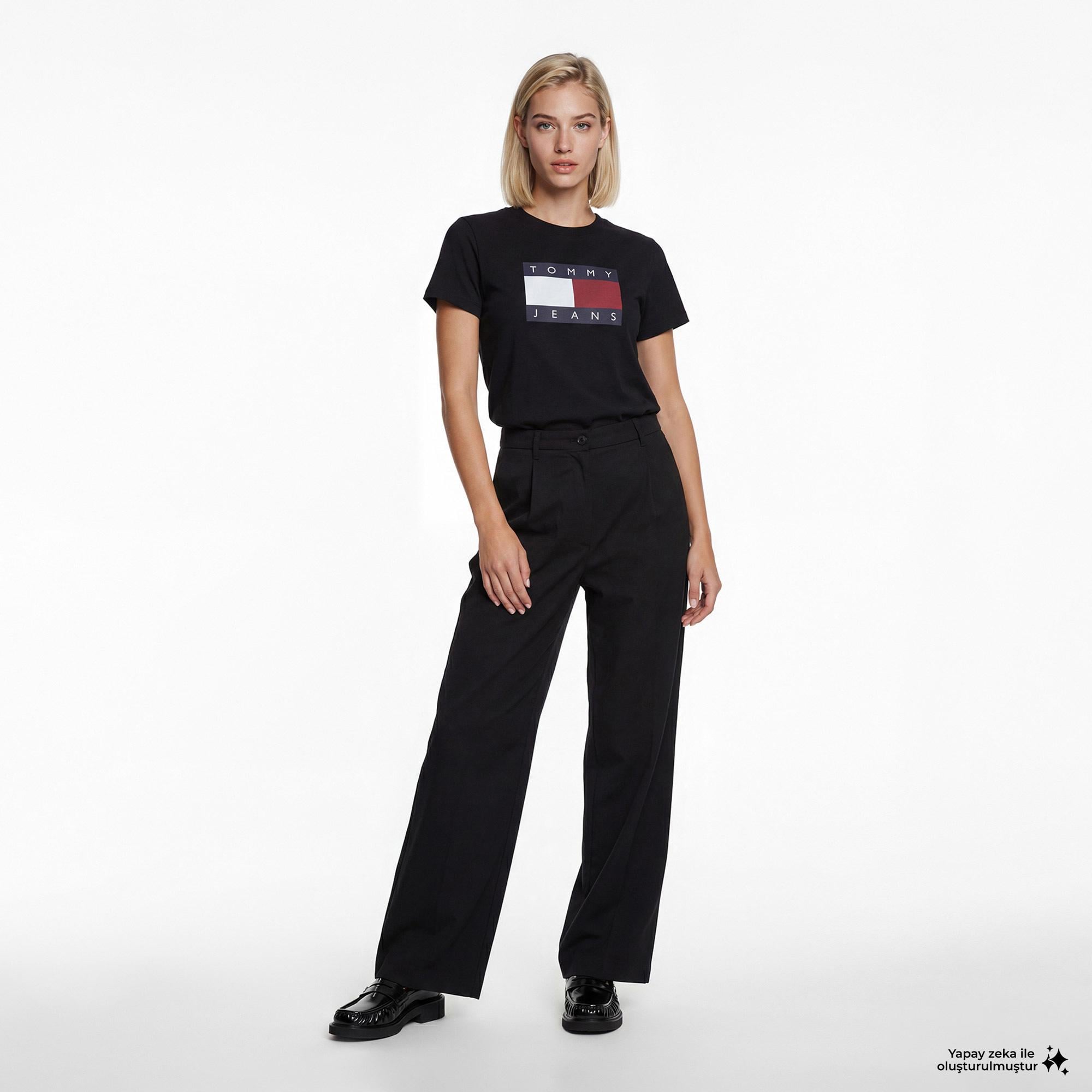 Tommy Hilfiger Flag Kadın Siyah T-Shirt