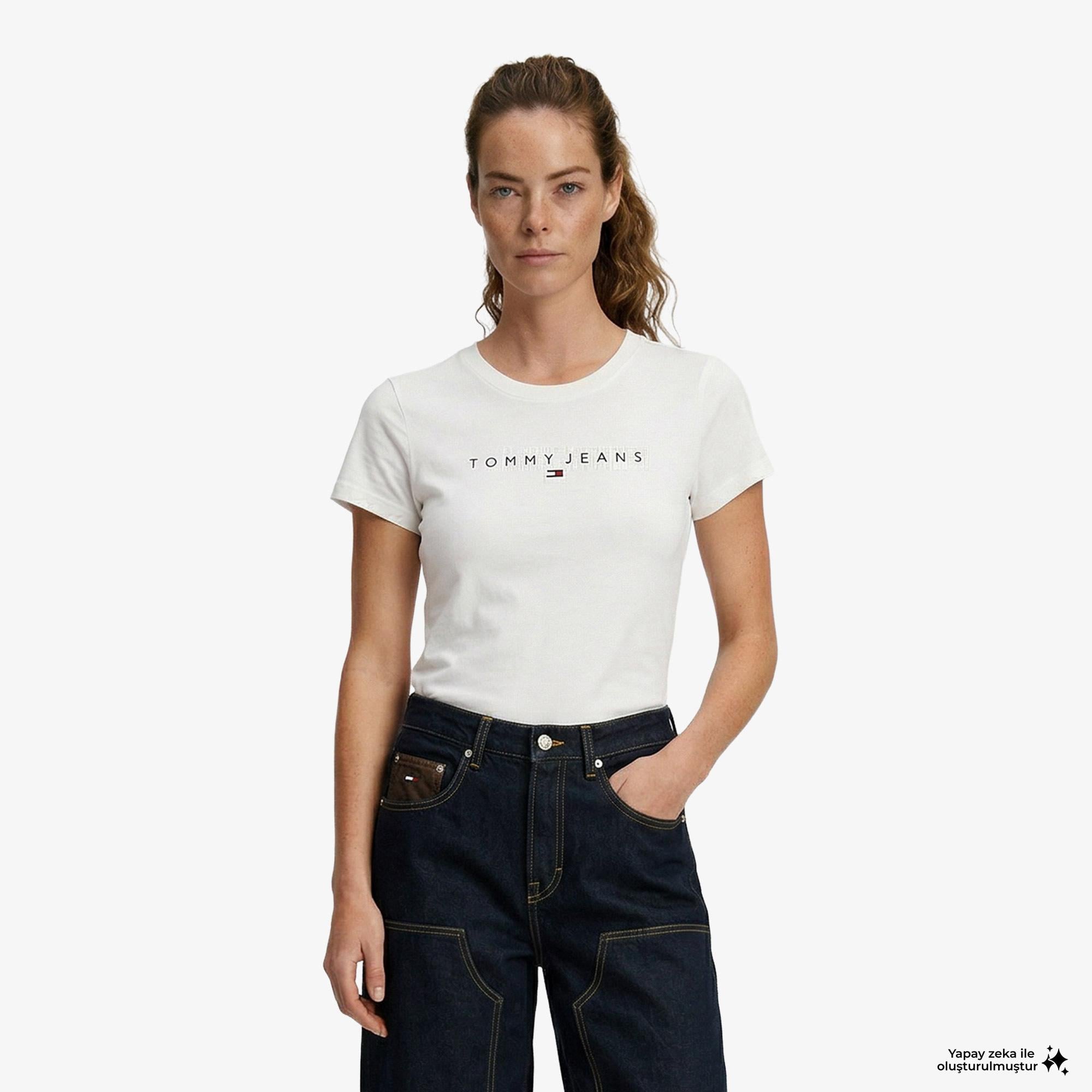Tommy Hilfiger Linear Kadın Beyaz T-Shirt