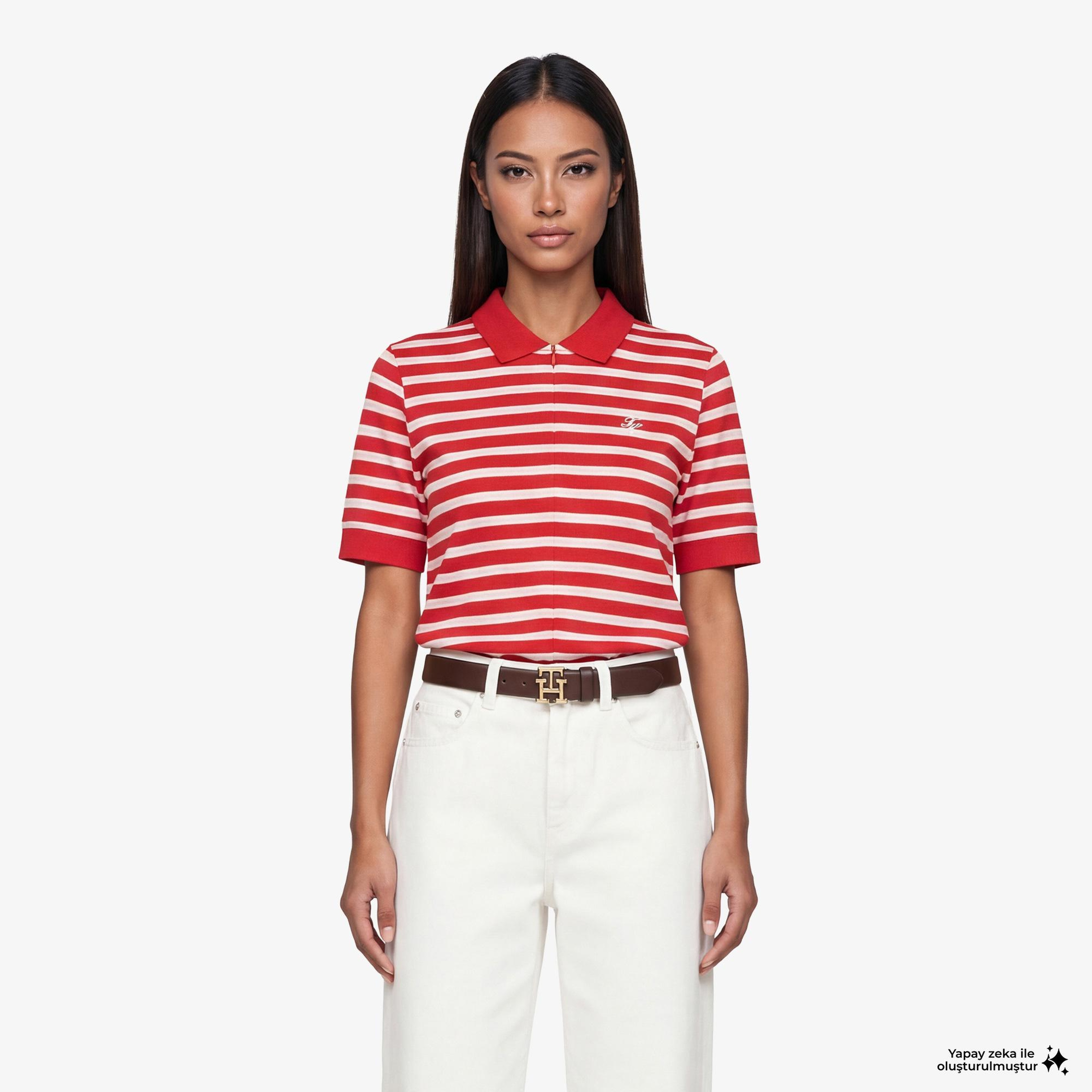 Tommy Hilfiger Script Liyosel Kadın Kırmızı Polo Yaka T-Shirt
