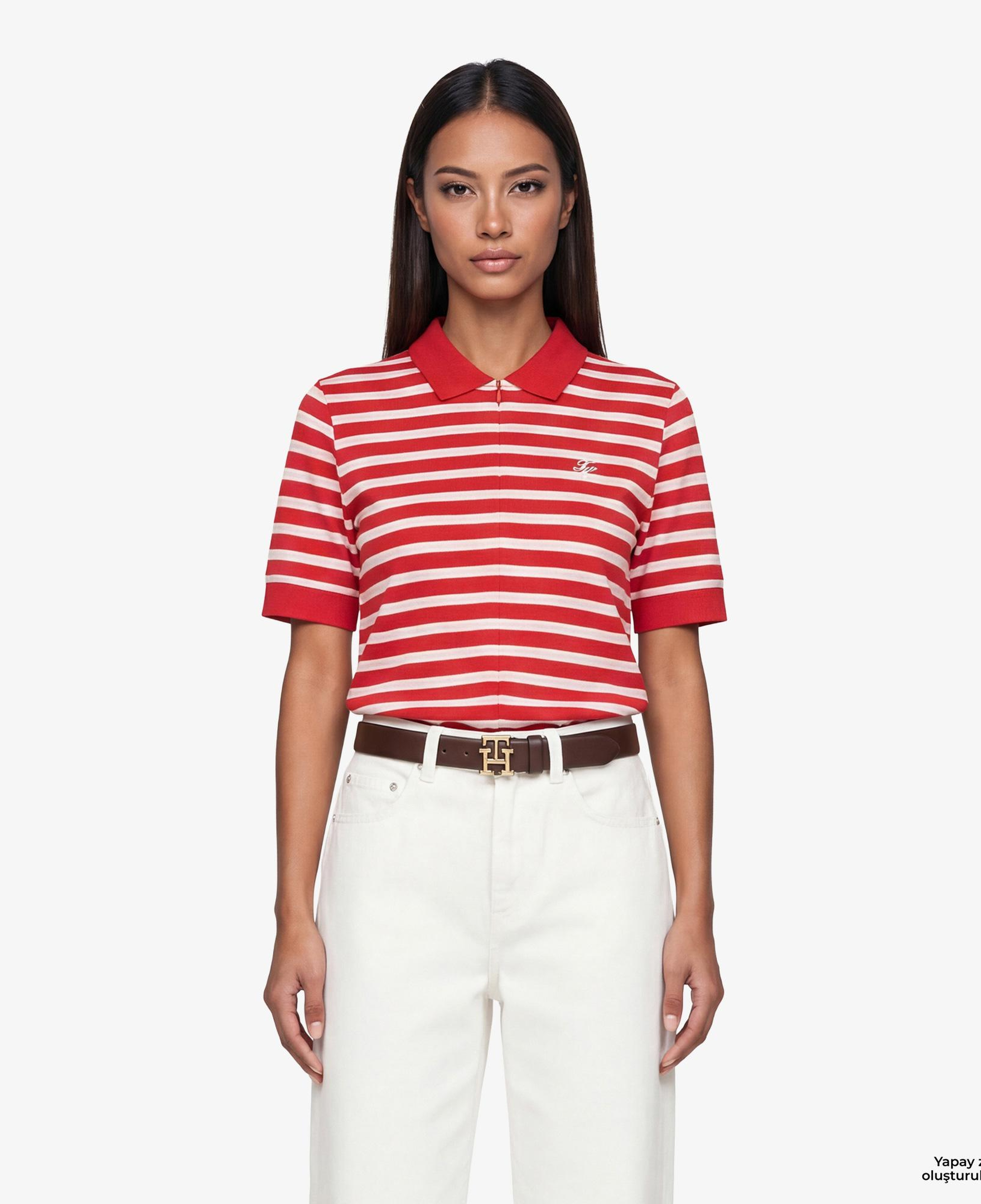 Tommy Hilfiger Script Liyosel Kadın Kırmızı Polo Yaka T-Shirt