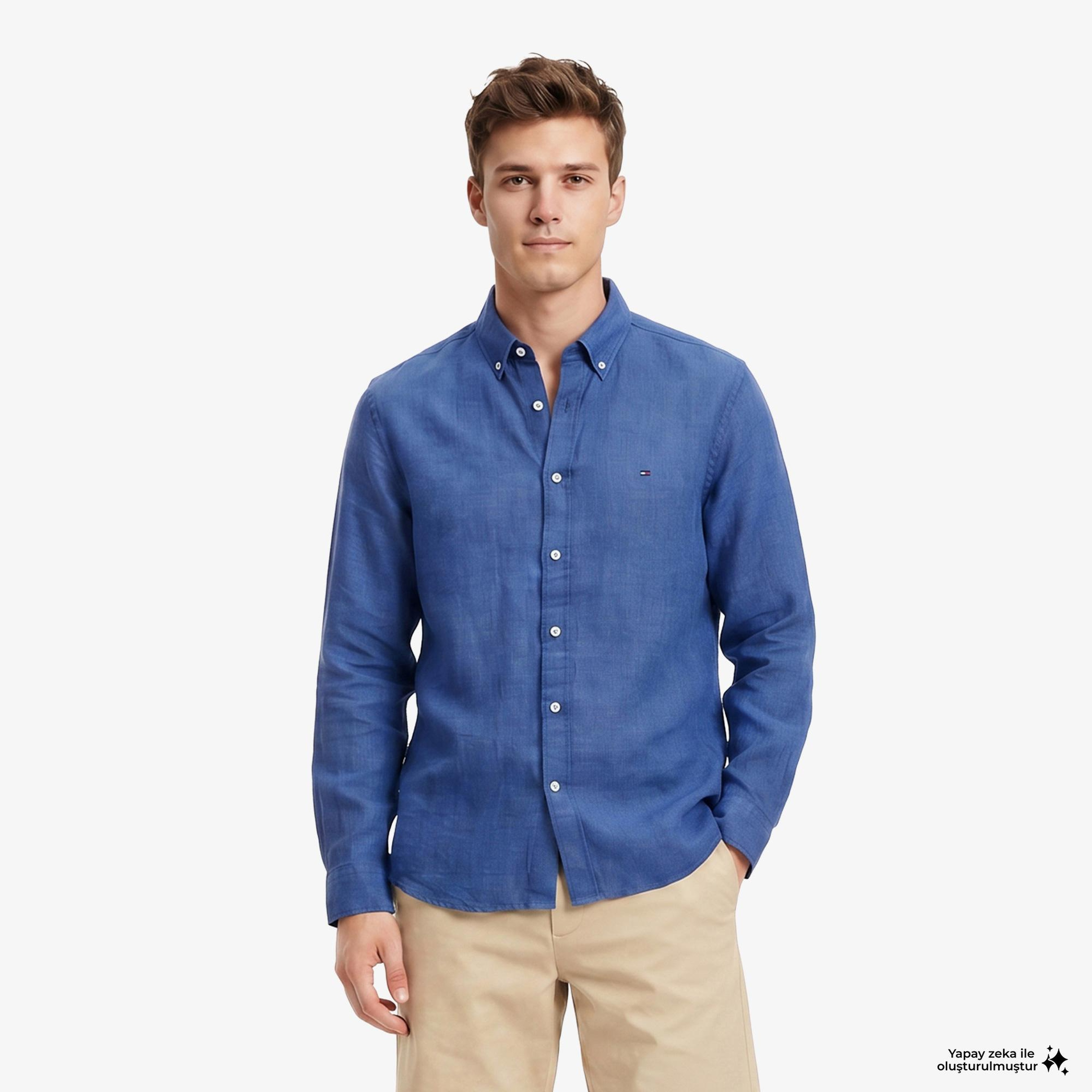 Tommy Hilfiger Seasonal Quality Erkek Mavi Keten Gömlek
