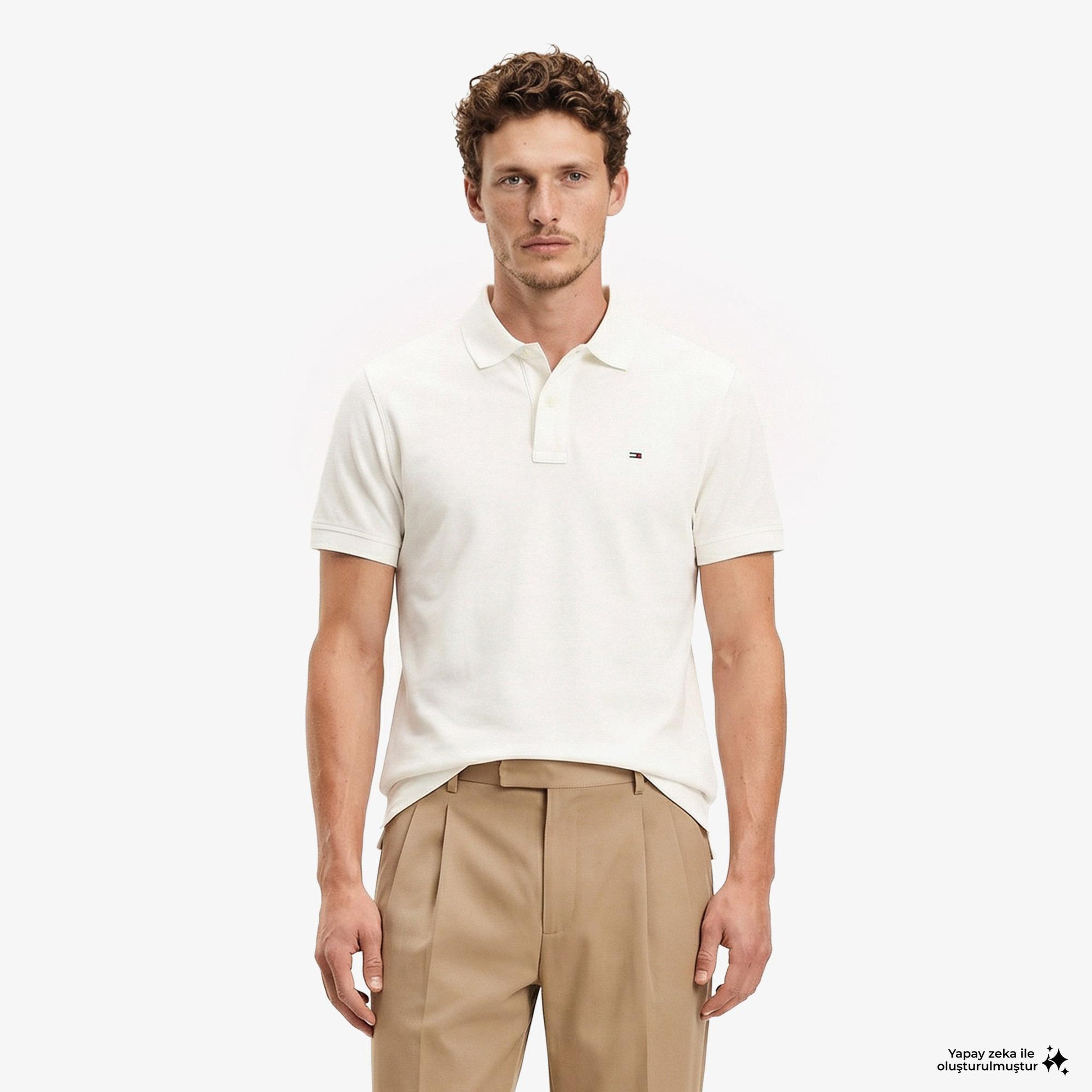 Tommy Hilfiger Classic Flag Erkek Beyaz Polo Yaka T-Shirt