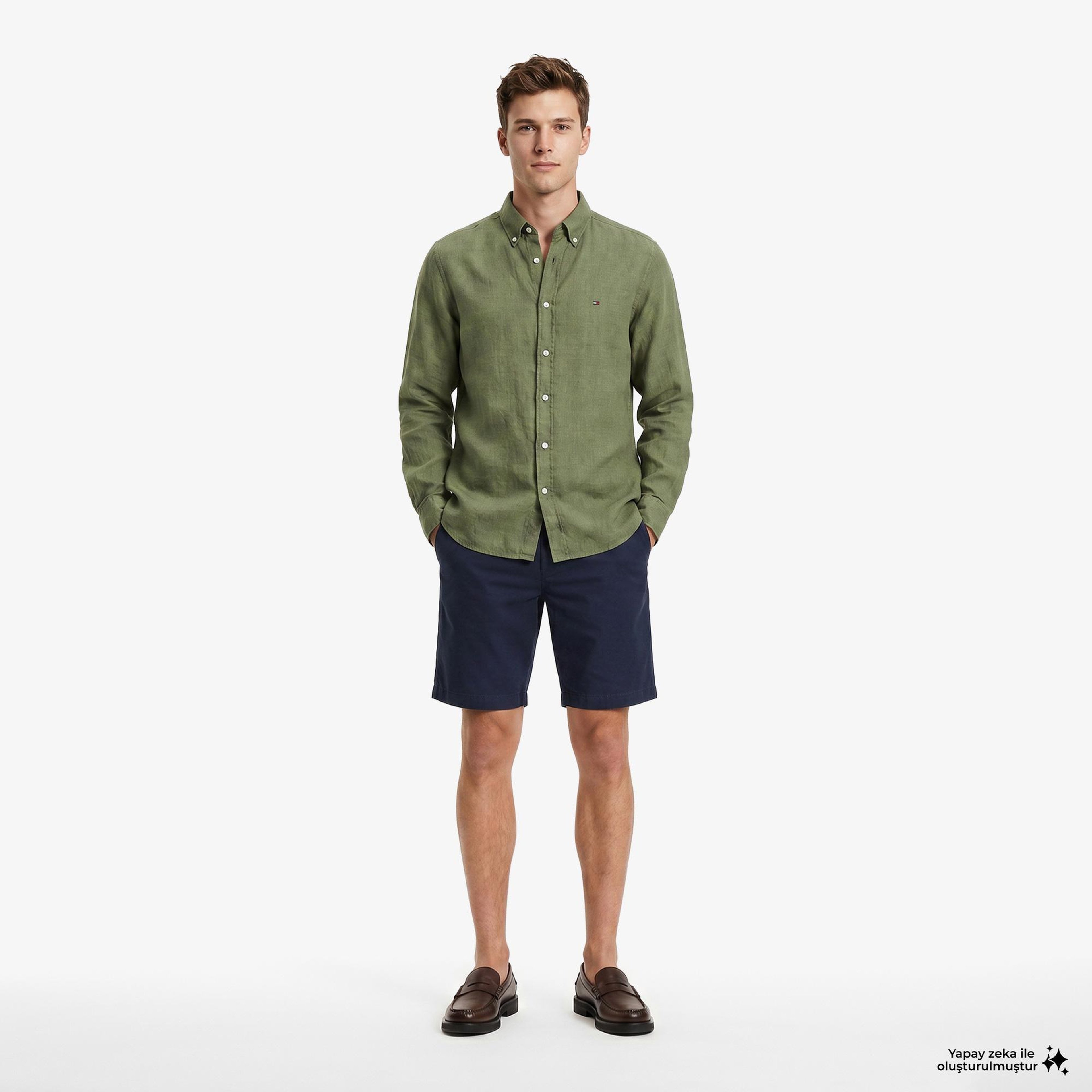 Tommy Hilfiger Seasonal Quality Erkek Yeşil Keten Gömlek