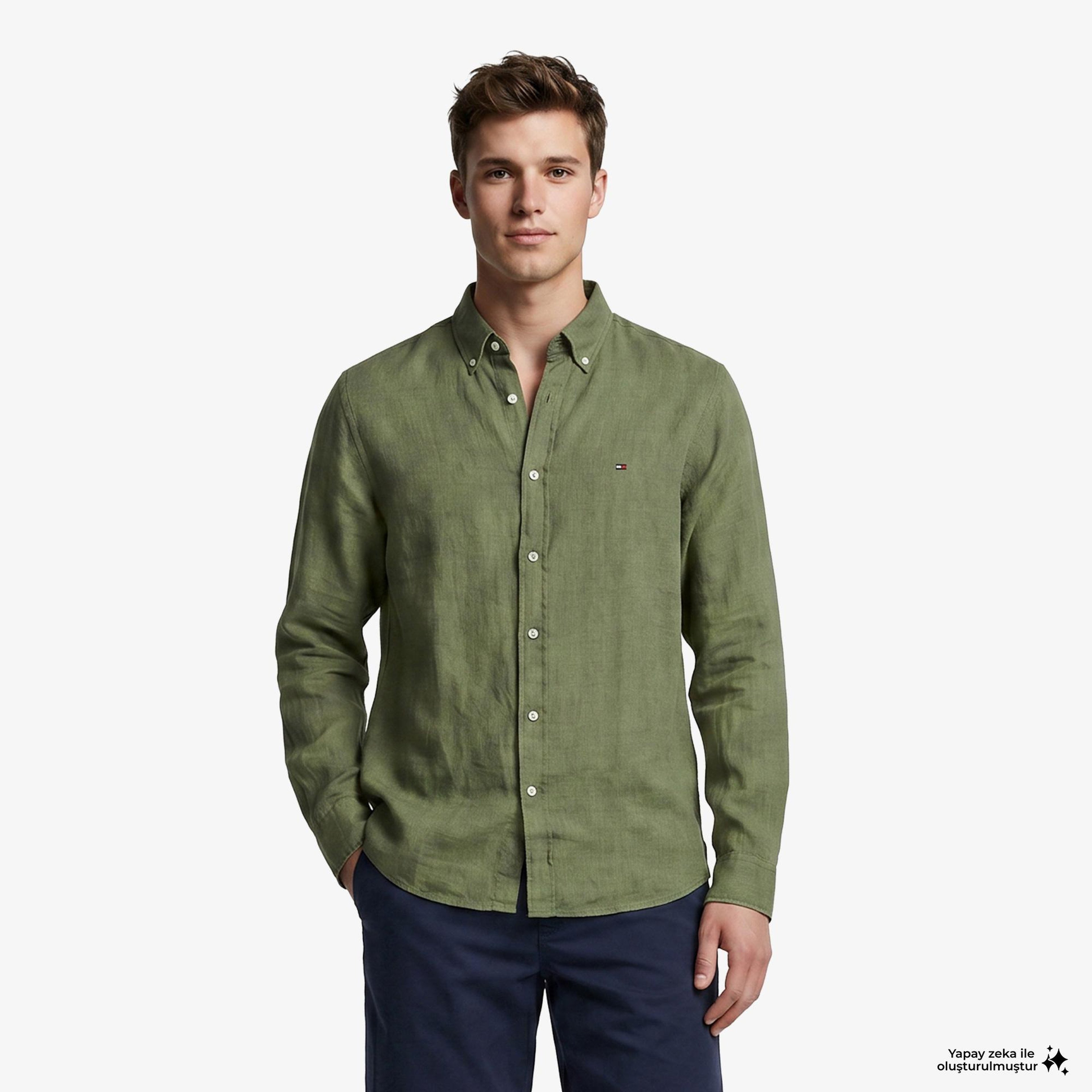 Tommy Hilfiger Seasonal Quality Erkek Yeşil Keten Gömlek