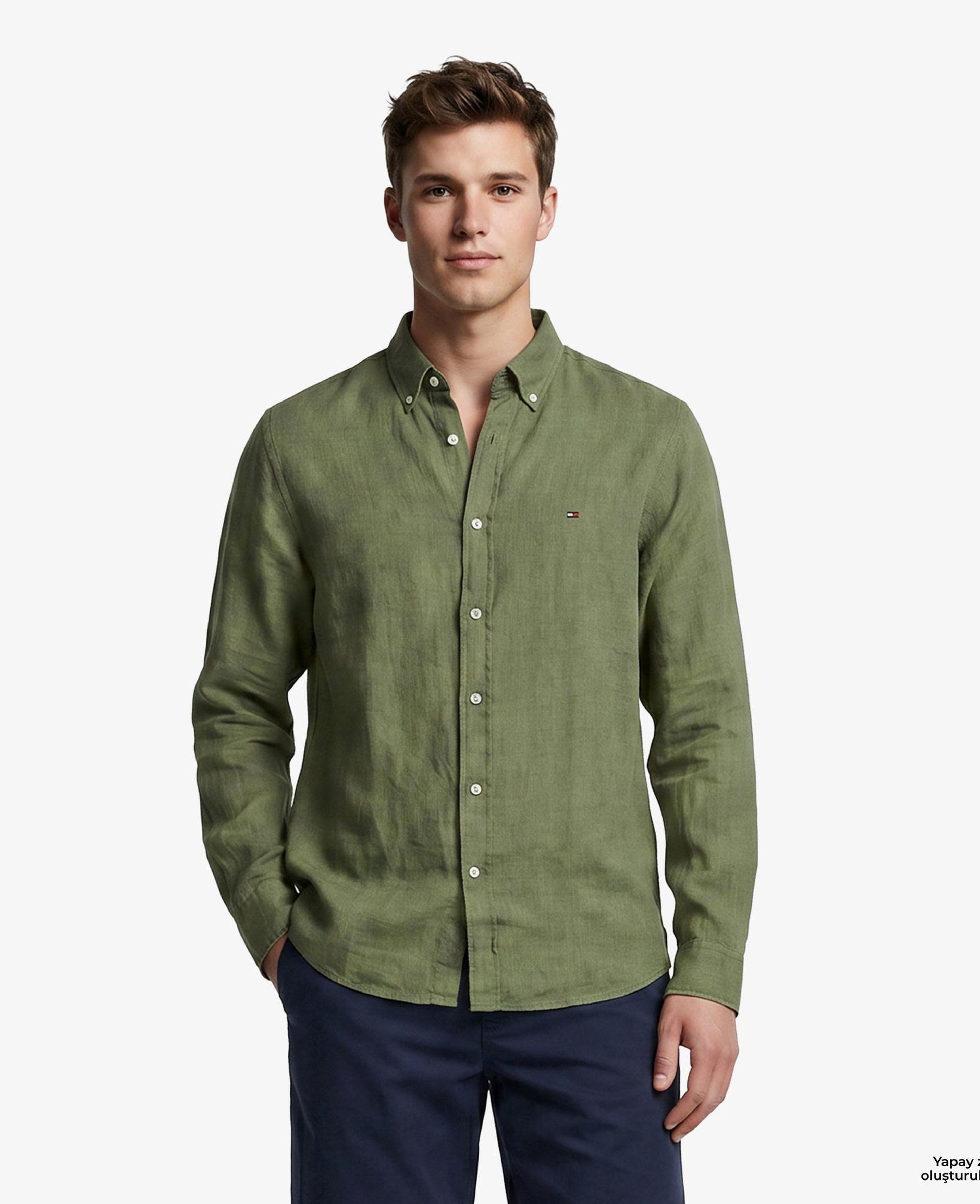 Tommy Hilfiger Seasonal Quality Erkek Yeşil Keten Gömlek