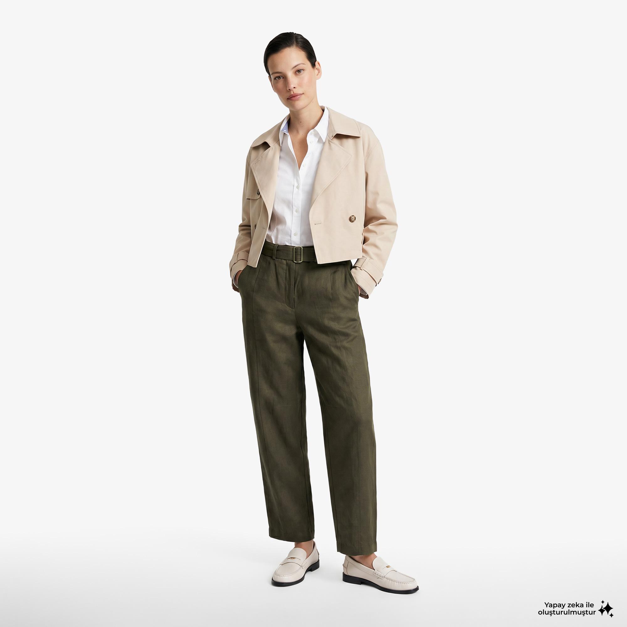 Tommy Hilfiger Utility Kadın Yeşil Keten Pantolon