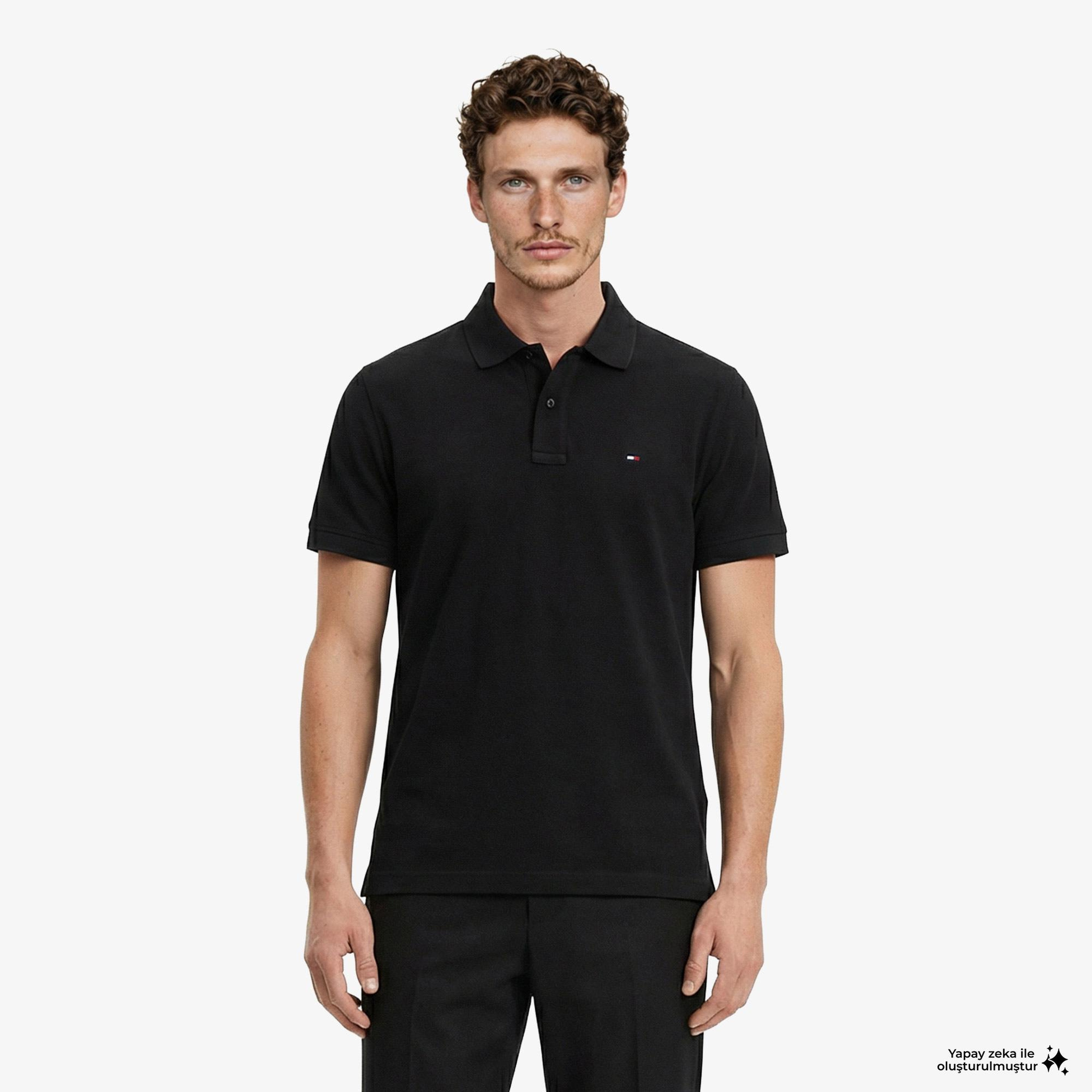 Tommy Hilfiger Classic Flag Erkek Siyah Polo Yaka T-Shirt