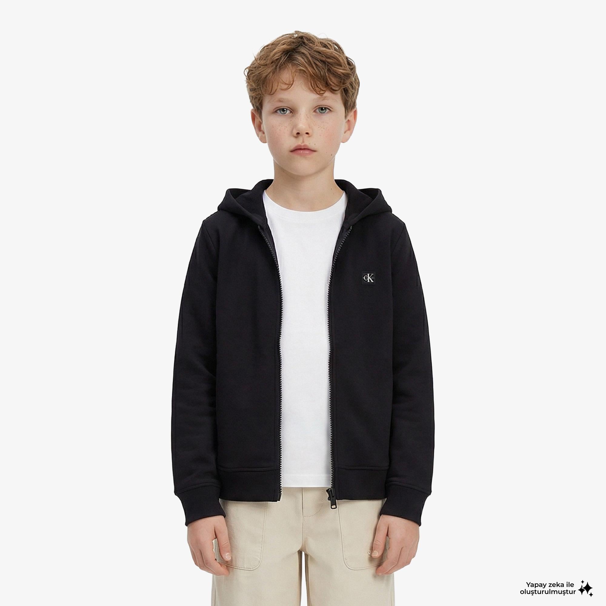 Calvin Klein Mini Badge Zip Through Çocuk Siyah Sweatshirt