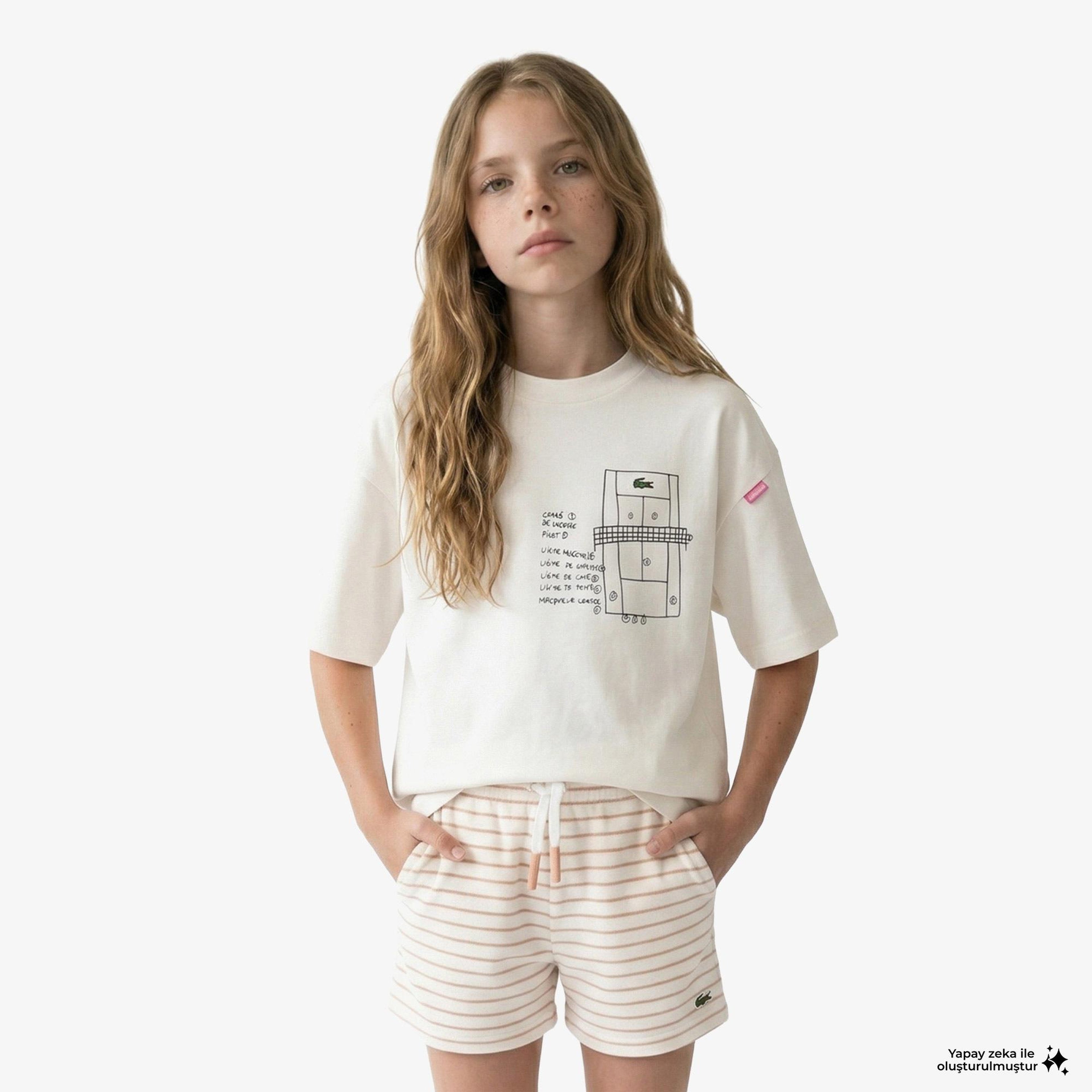 Kız Çocuk Bisiklet Yaka Baskılı Beyaz T-Shirt