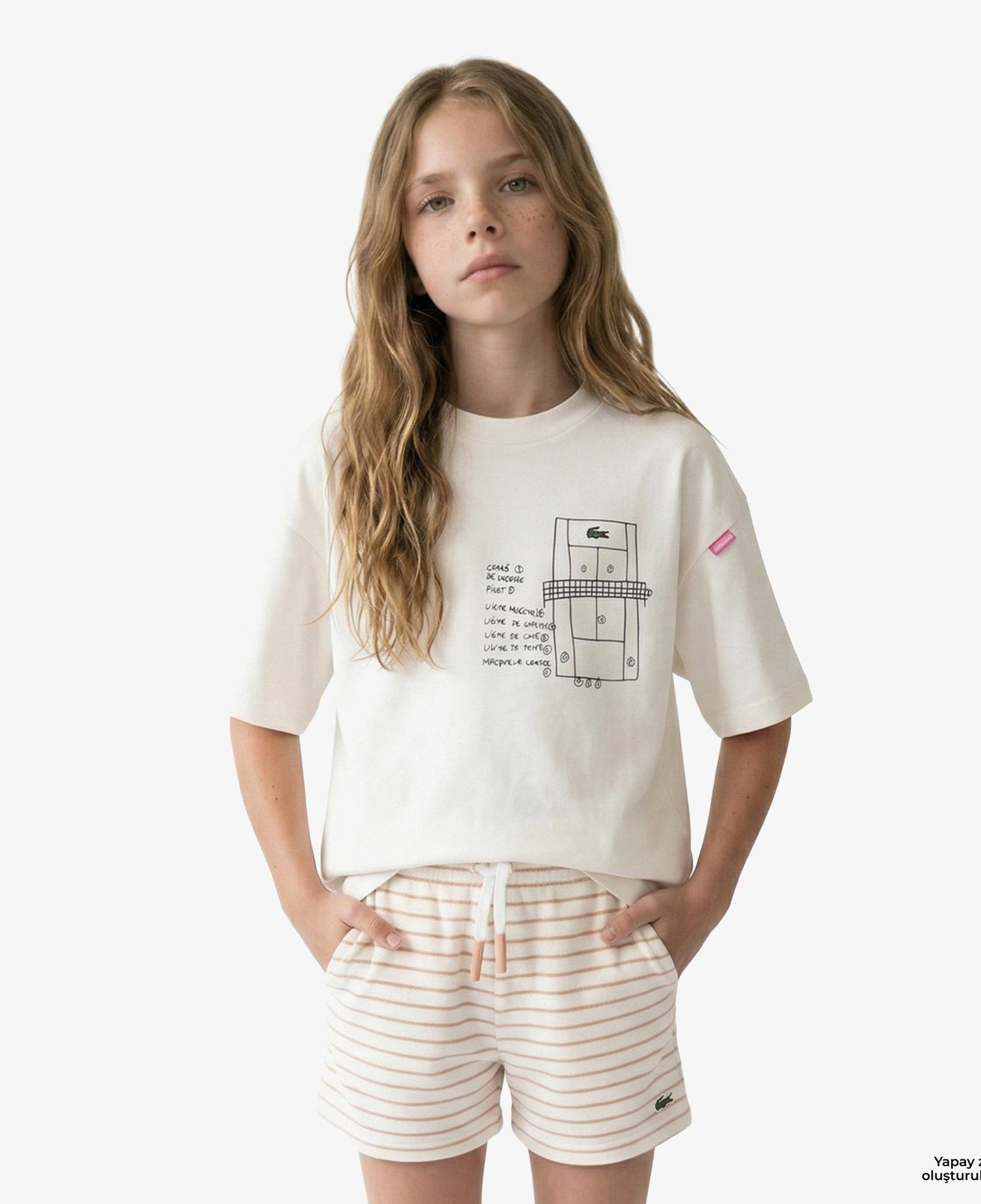 Kız Çocuk Bisiklet Yaka Baskılı Beyaz T-Shirt