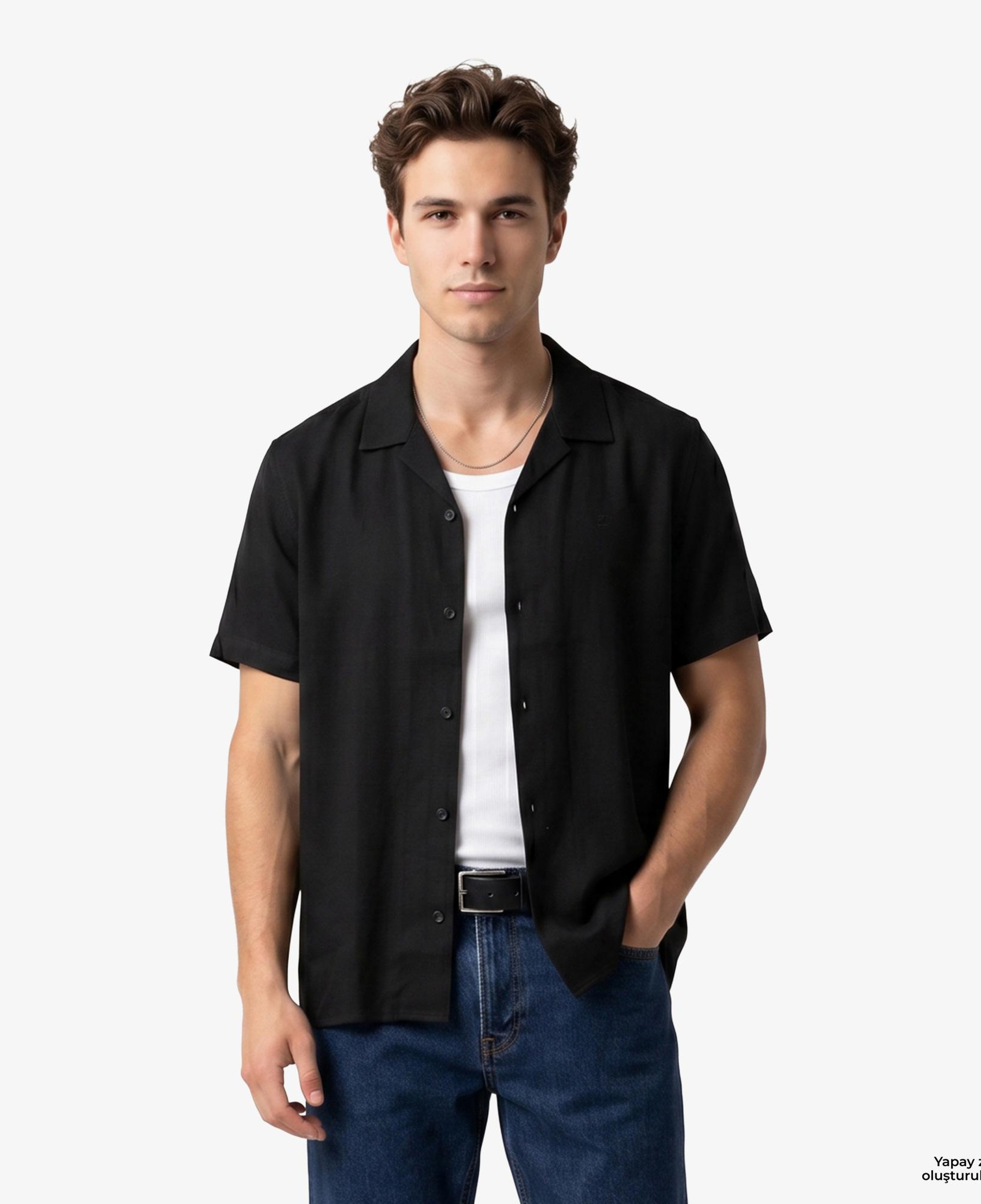 Calvin Klein Camp Collar Solid Class Erkek Siyah Keten Gömlek