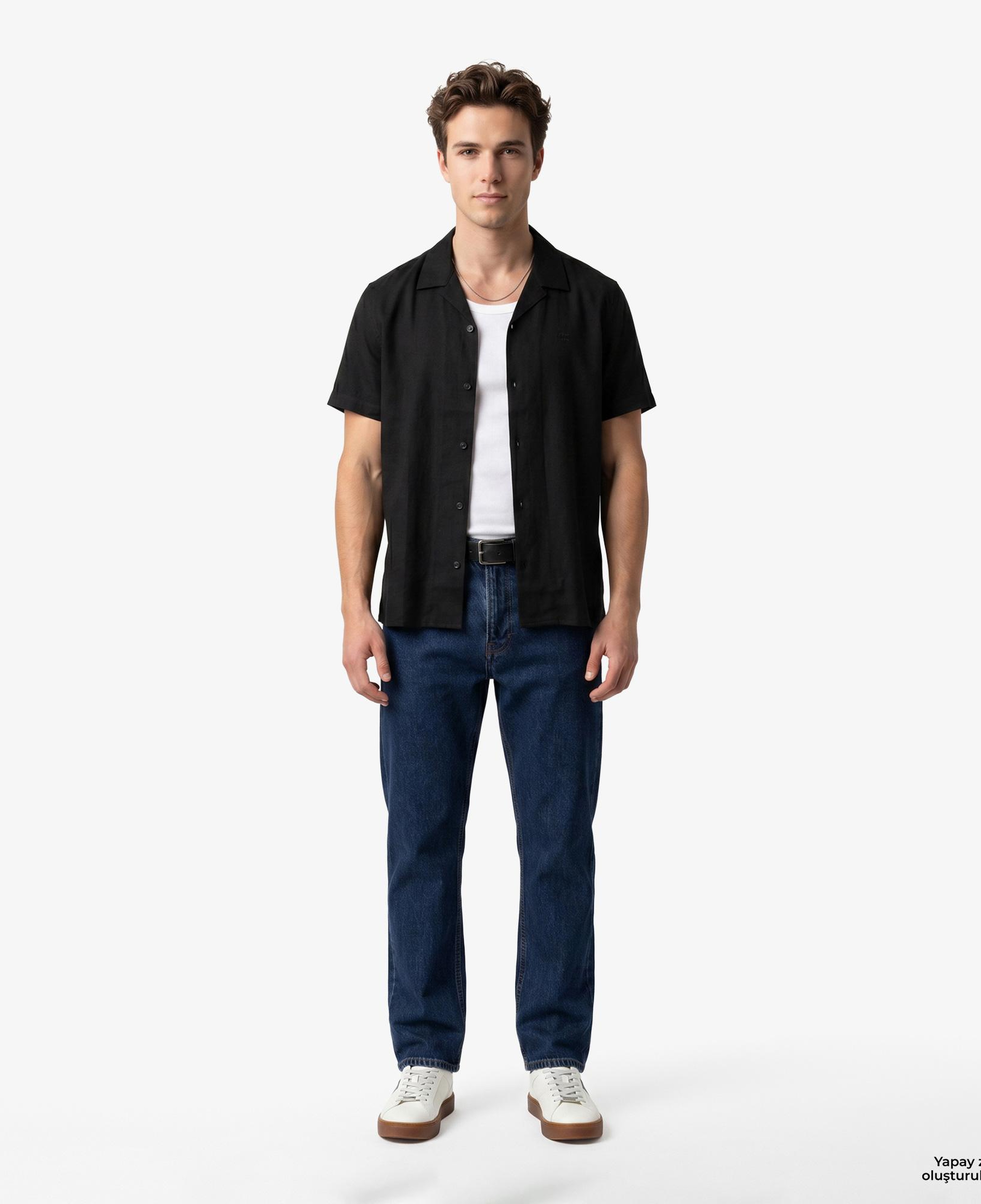 Calvin Klein Camp Collar Solid Class Erkek Siyah Keten Gömlek