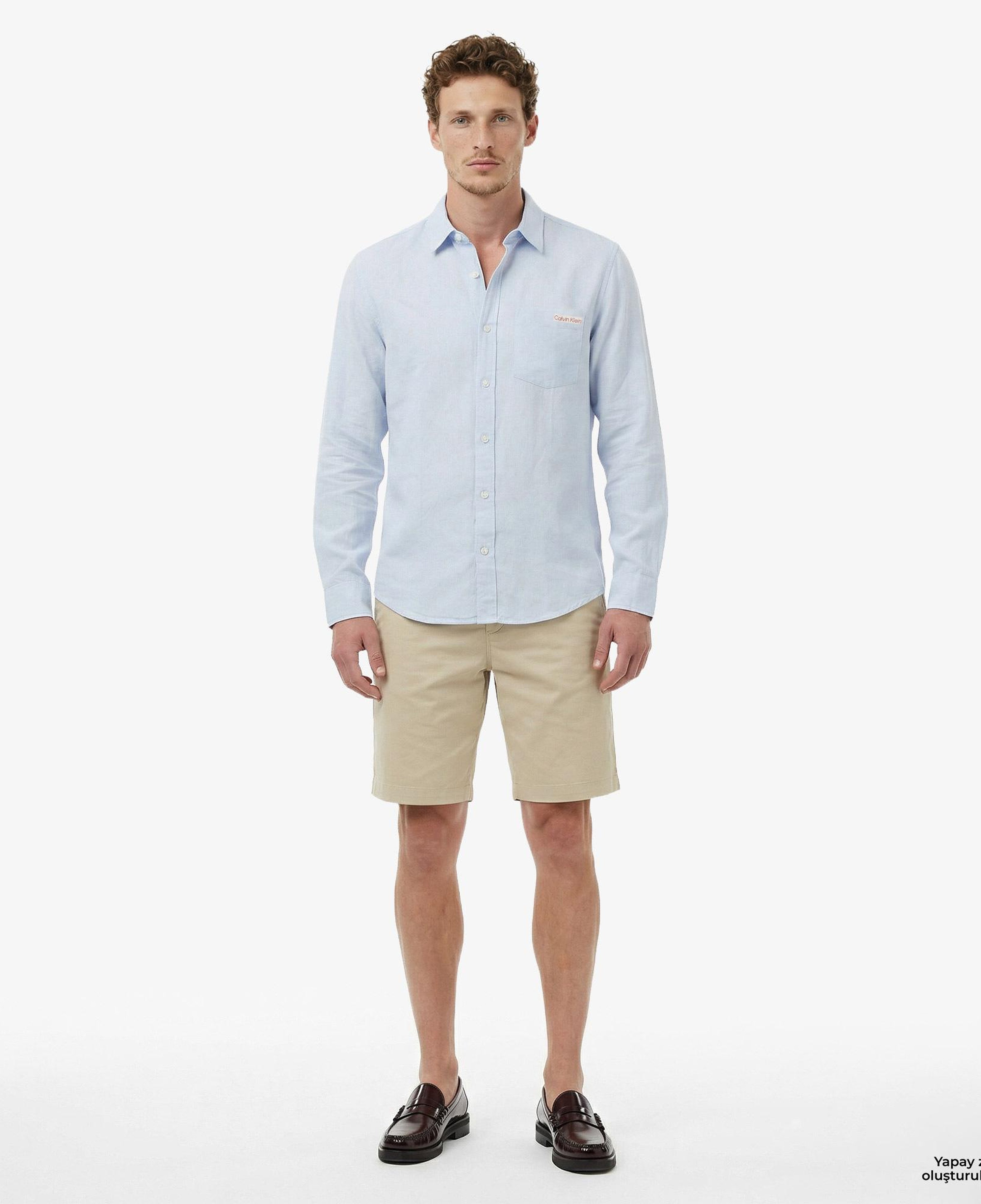 Calvin Klein Solid Casual Classic Erkek Mavi Keten Gömlek