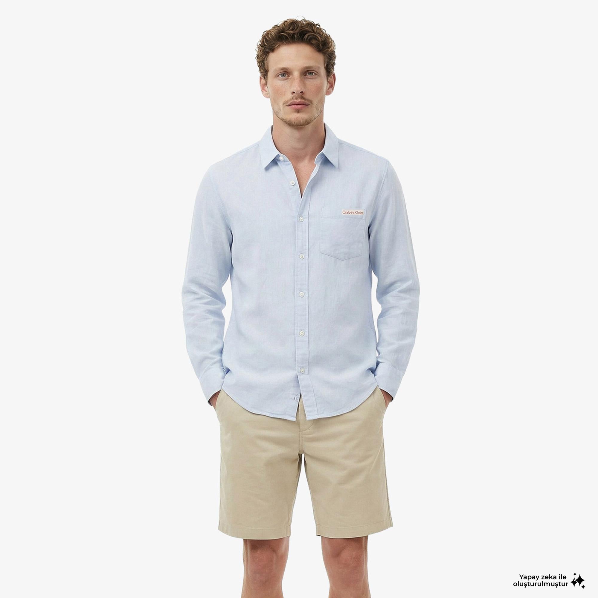 Calvin Klein Solid Casual Classic Erkek Mavi Keten Gömlek
