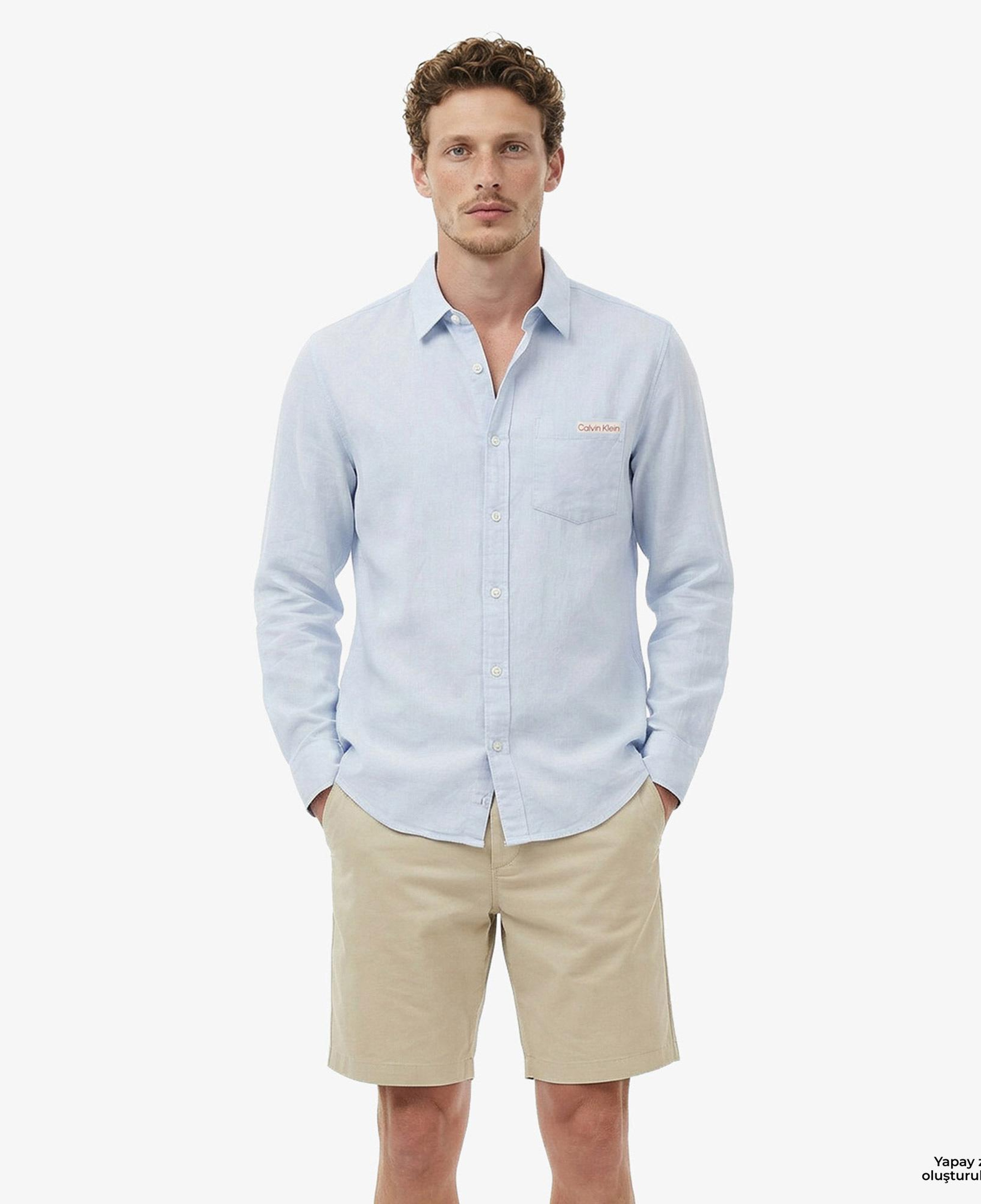 Calvin Klein Solid Casual Classic Erkek Mavi Keten Gömlek