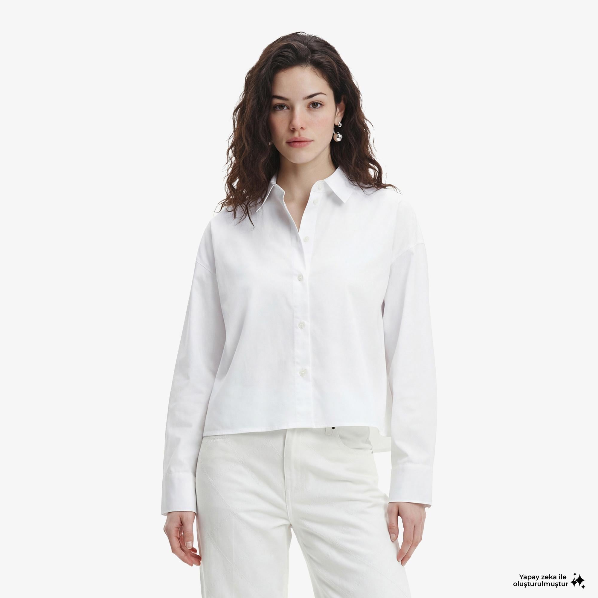 Calvin Klein Solid Boxy Cropped Kadın Beyaz Gömlek