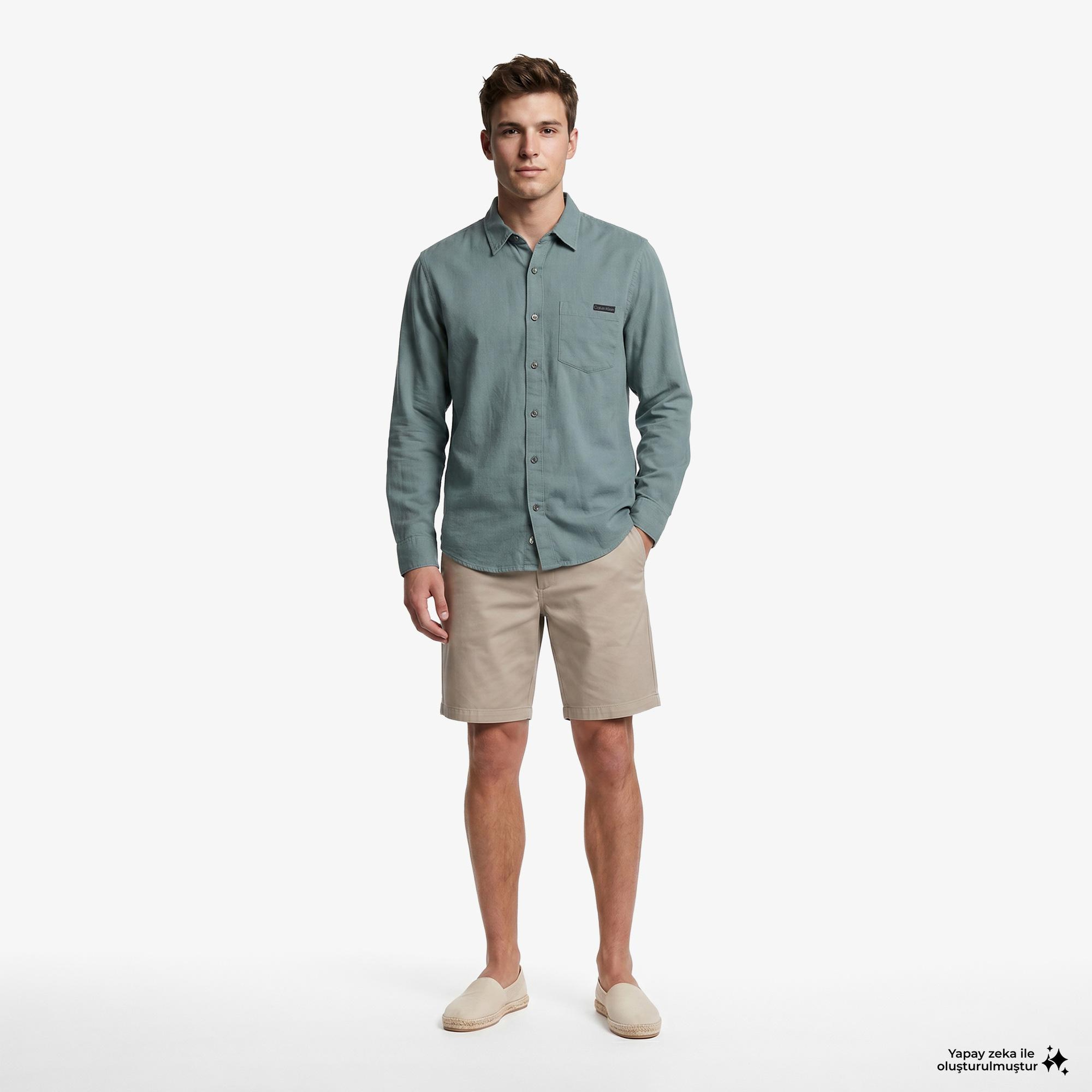 Calvin Klein Solid Casual Classic Erkek Yeşil Keten Gömlek