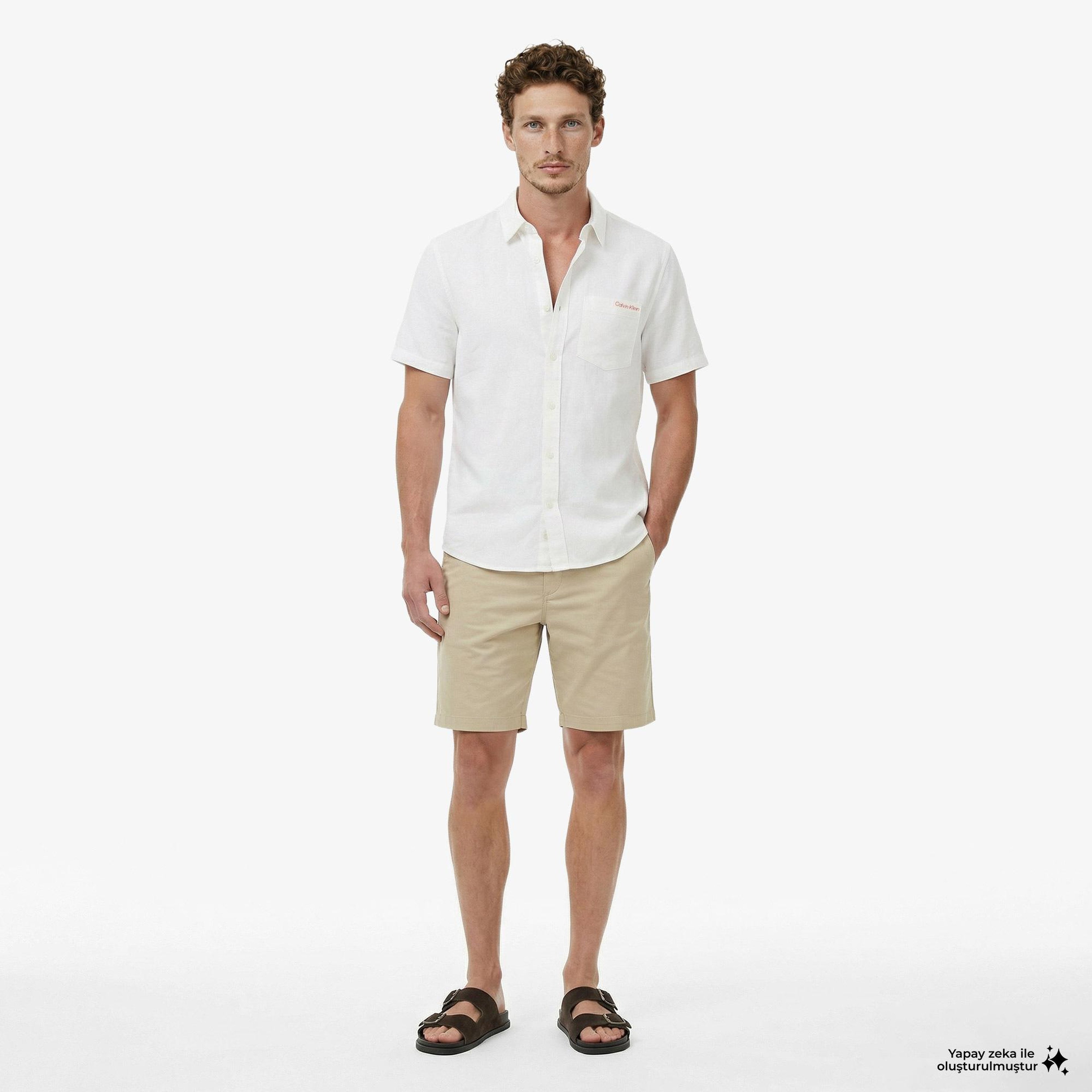 Calvin Klein Solid Causal Classic Erkek Beyaz Keten Gömlek
