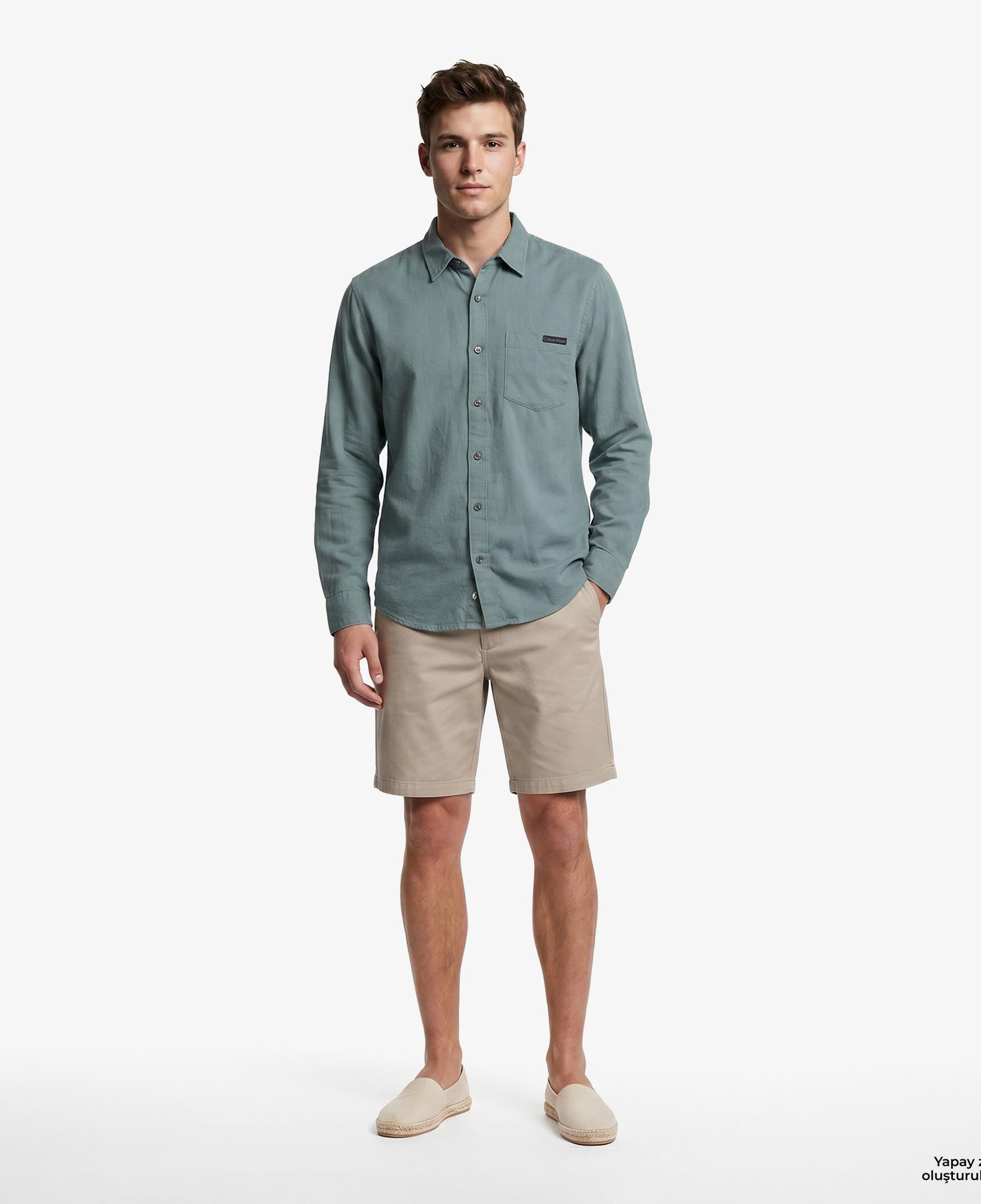 Calvin Klein Solid Casual Classic Erkek Yeşil Keten Gömlek