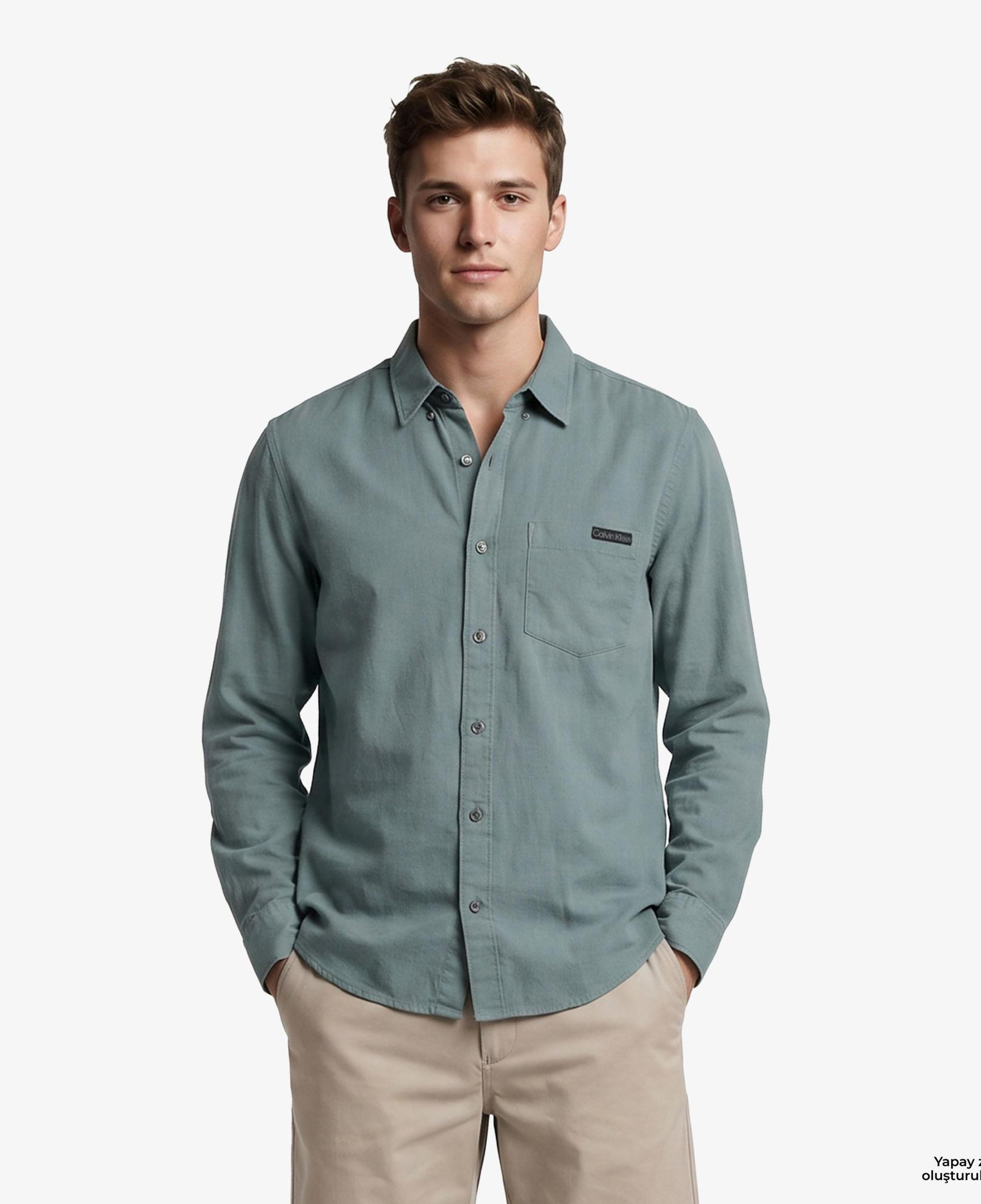 Calvin Klein Solid Casual Classic Erkek Yeşil Keten Gömlek