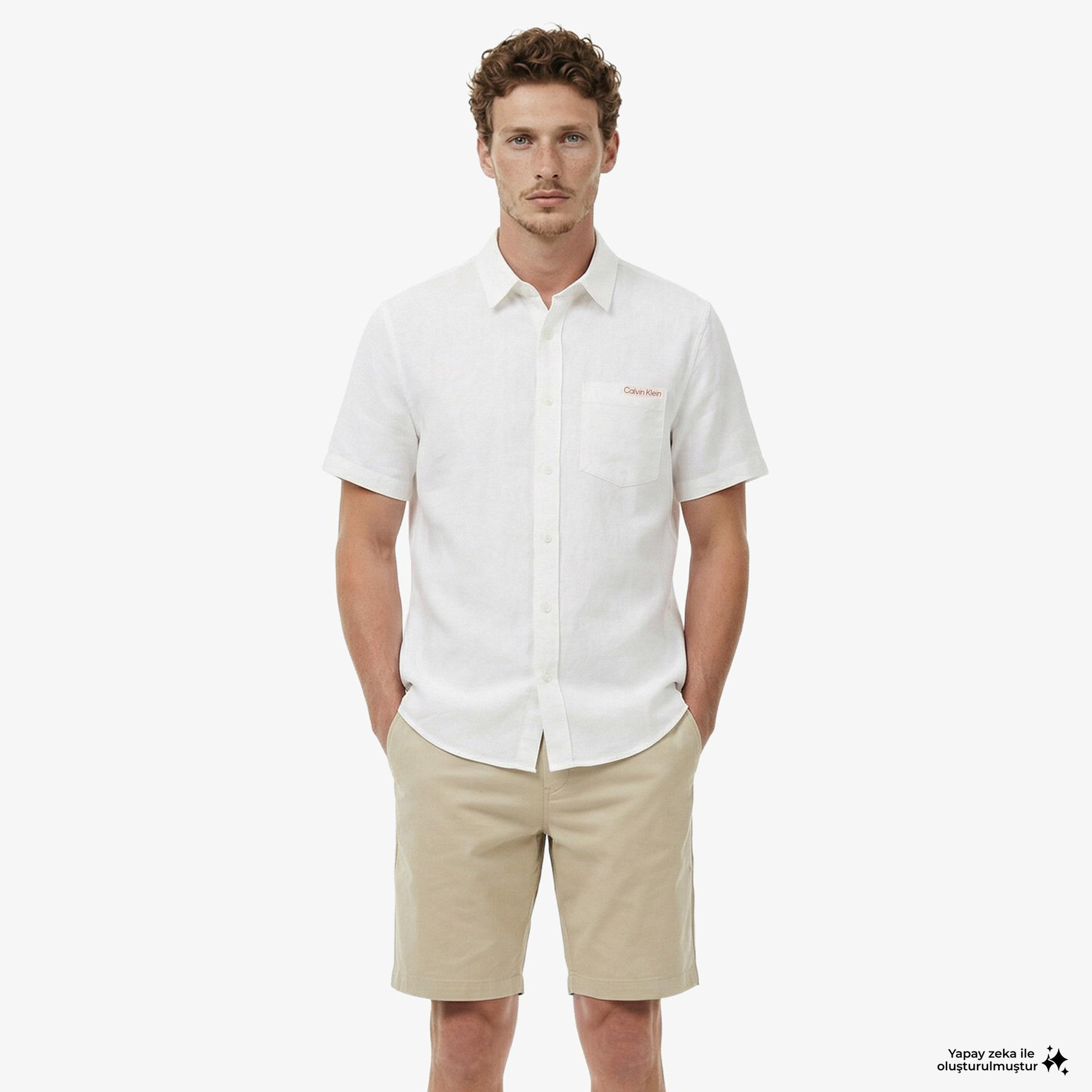 Calvin Klein Solid Causal Classic Erkek Beyaz Keten Gömlek