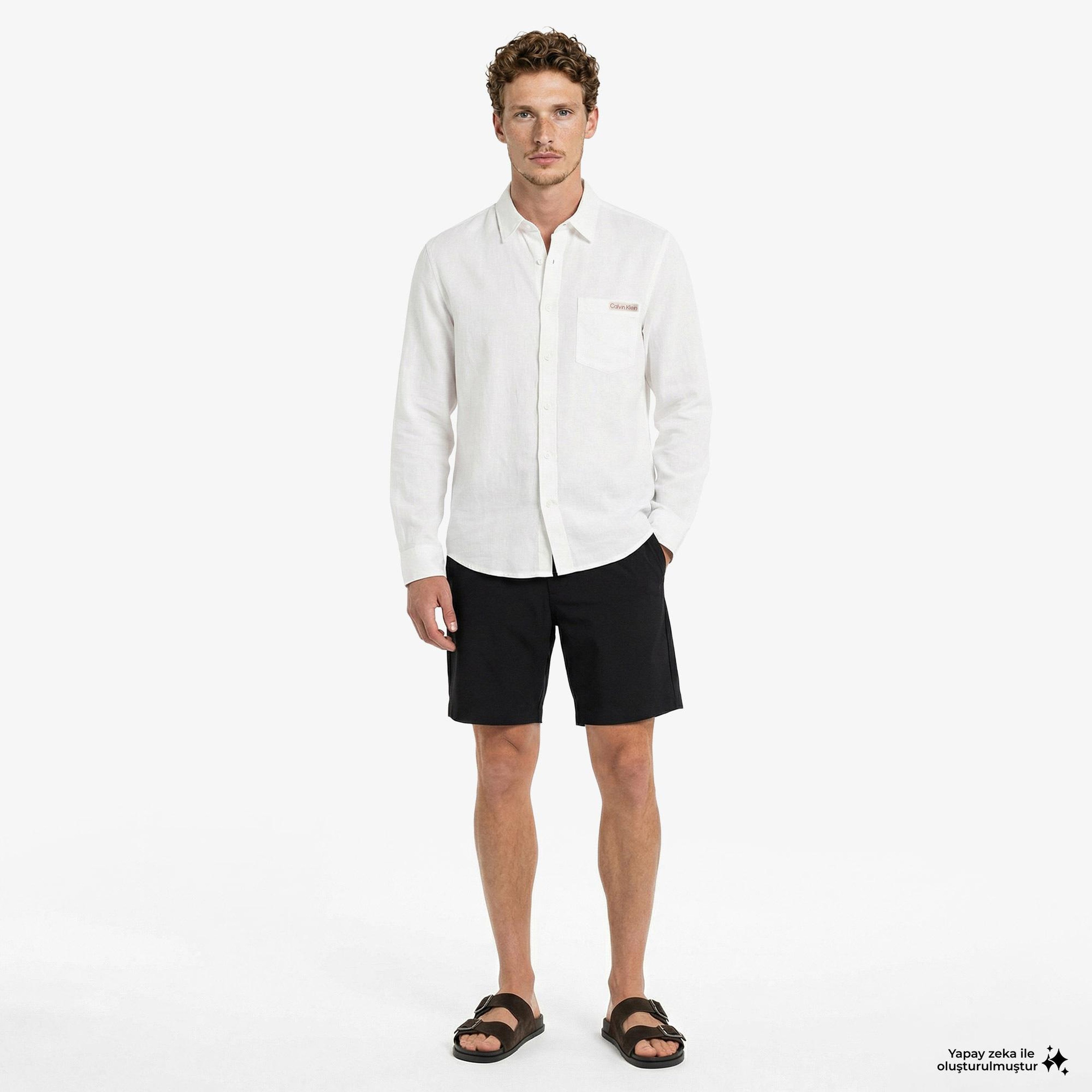 Calvin Klein Solid Casual Classic Erkek Beyaz Keten Gömlek