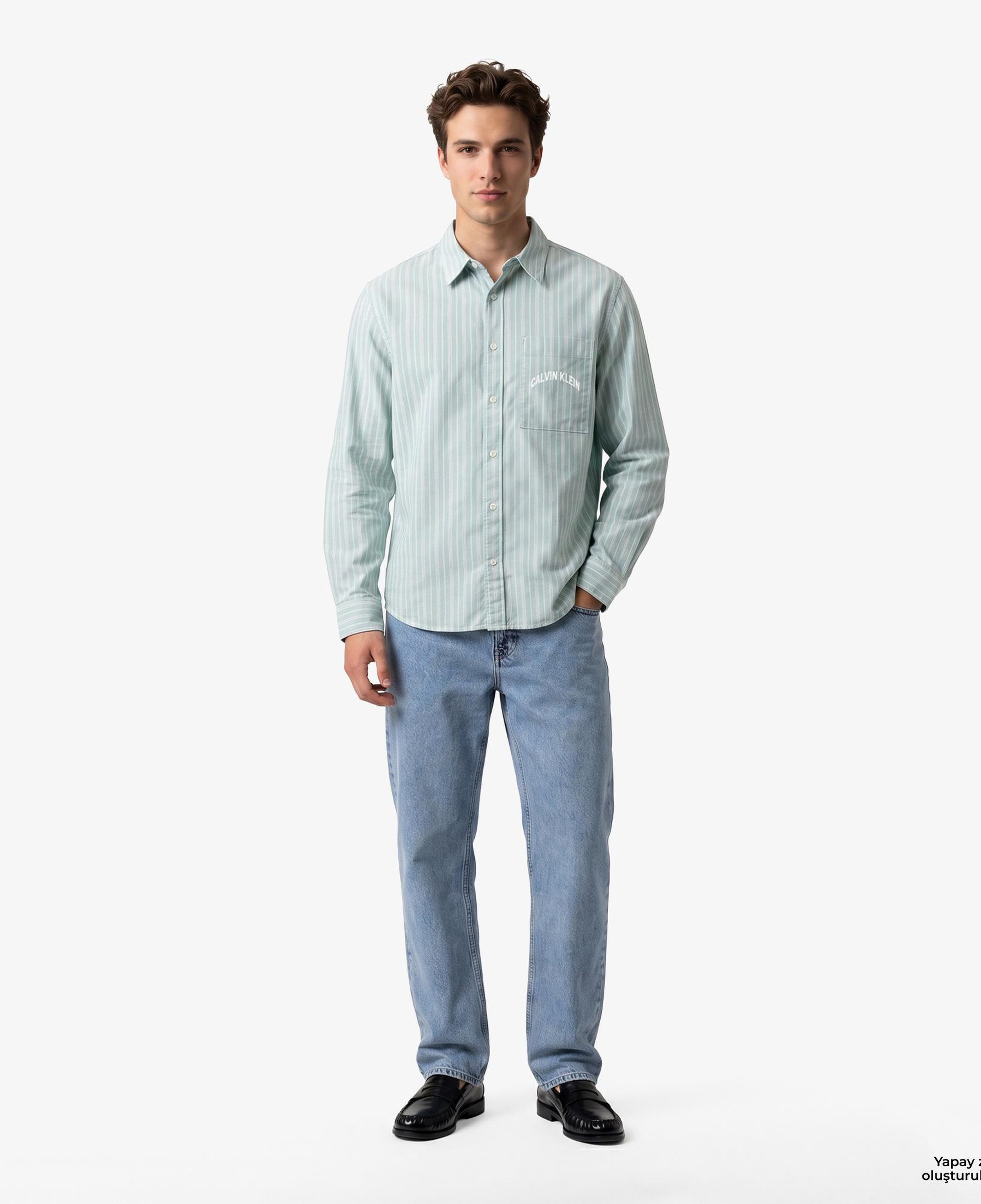 Calvin Klein Stripe Washed Oxford Easy Erkek Yeşil Gömlek