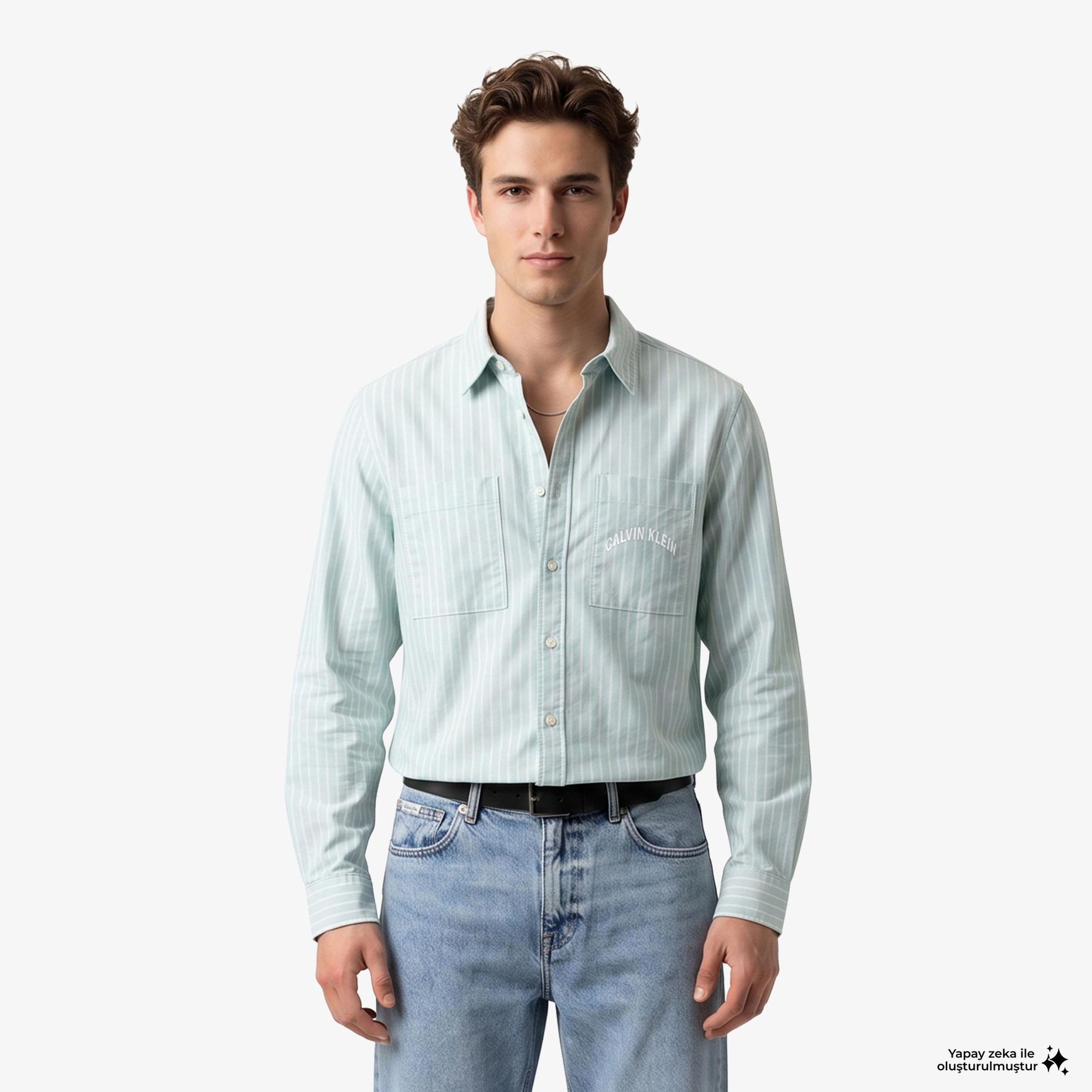 Calvin Klein Stripe Washed Oxford Easy Erkek Yeşil Gömlek