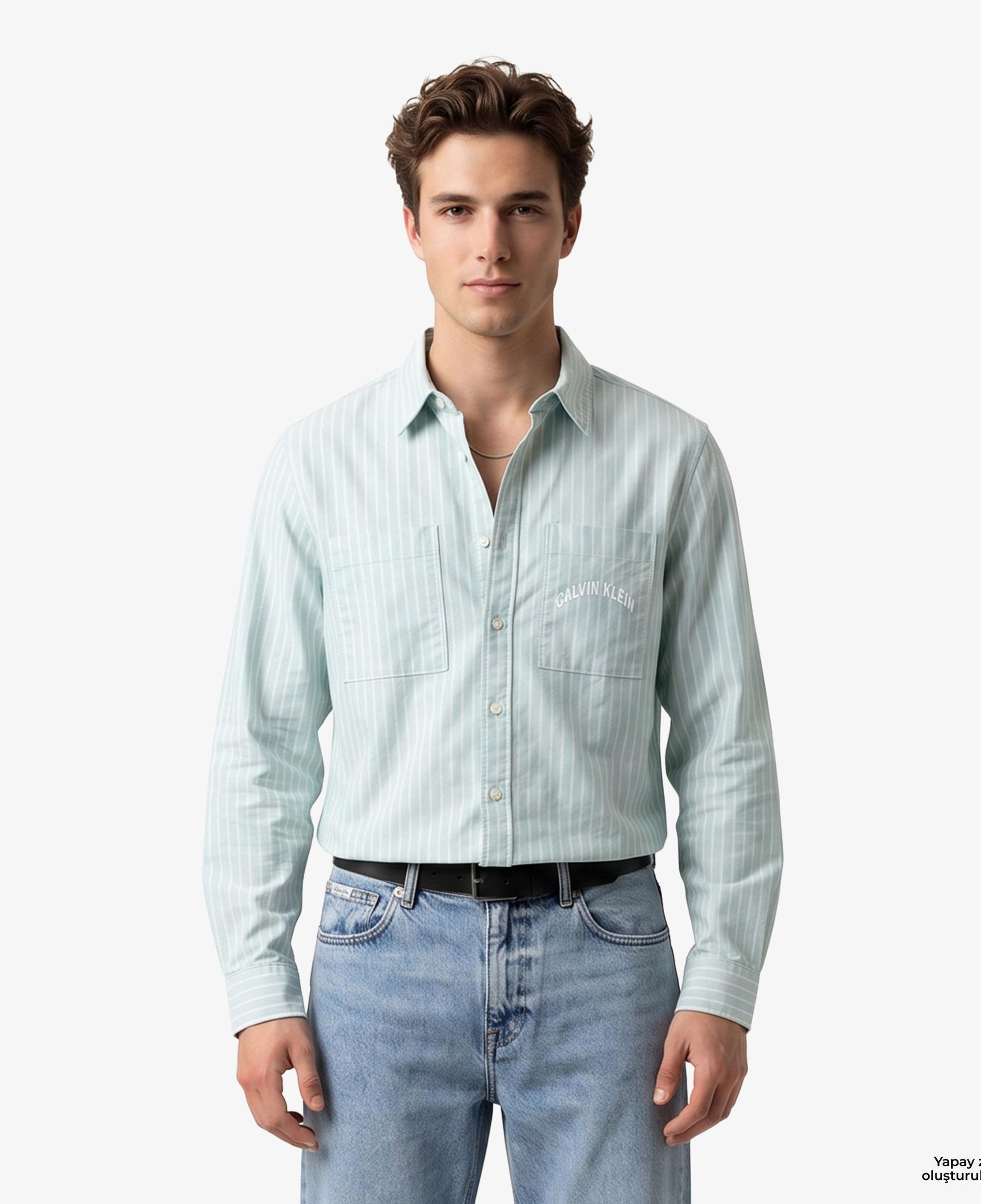 Calvin Klein Stripe Washed Oxford Easy Erkek Yeşil Gömlek