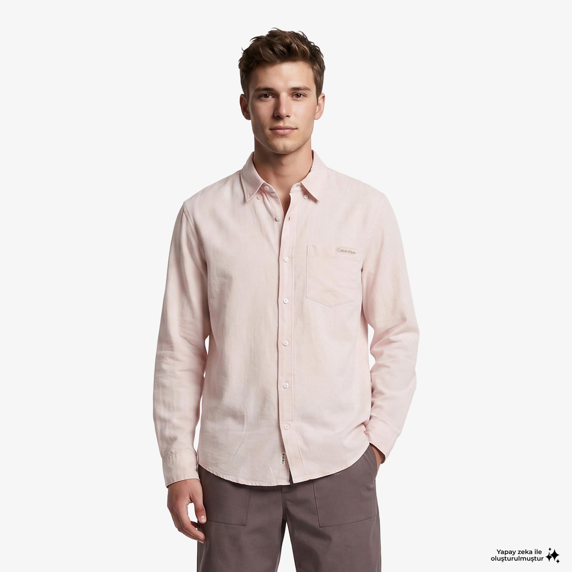 Calvin Klein Solid Casual Classic Erkek Turuncu Keten Gömlek
