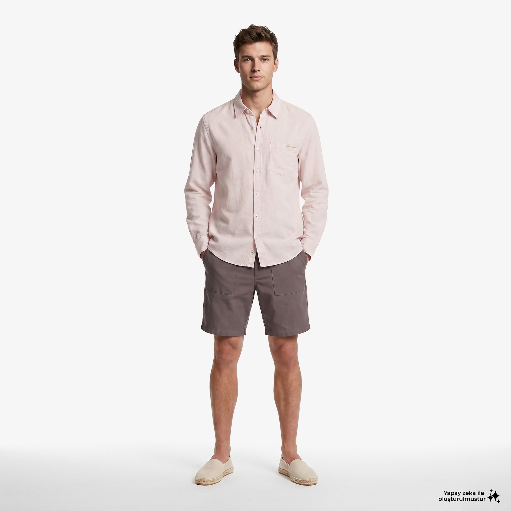 Calvin Klein Solid Casual Classic Erkek Turuncu Keten Gömlek
