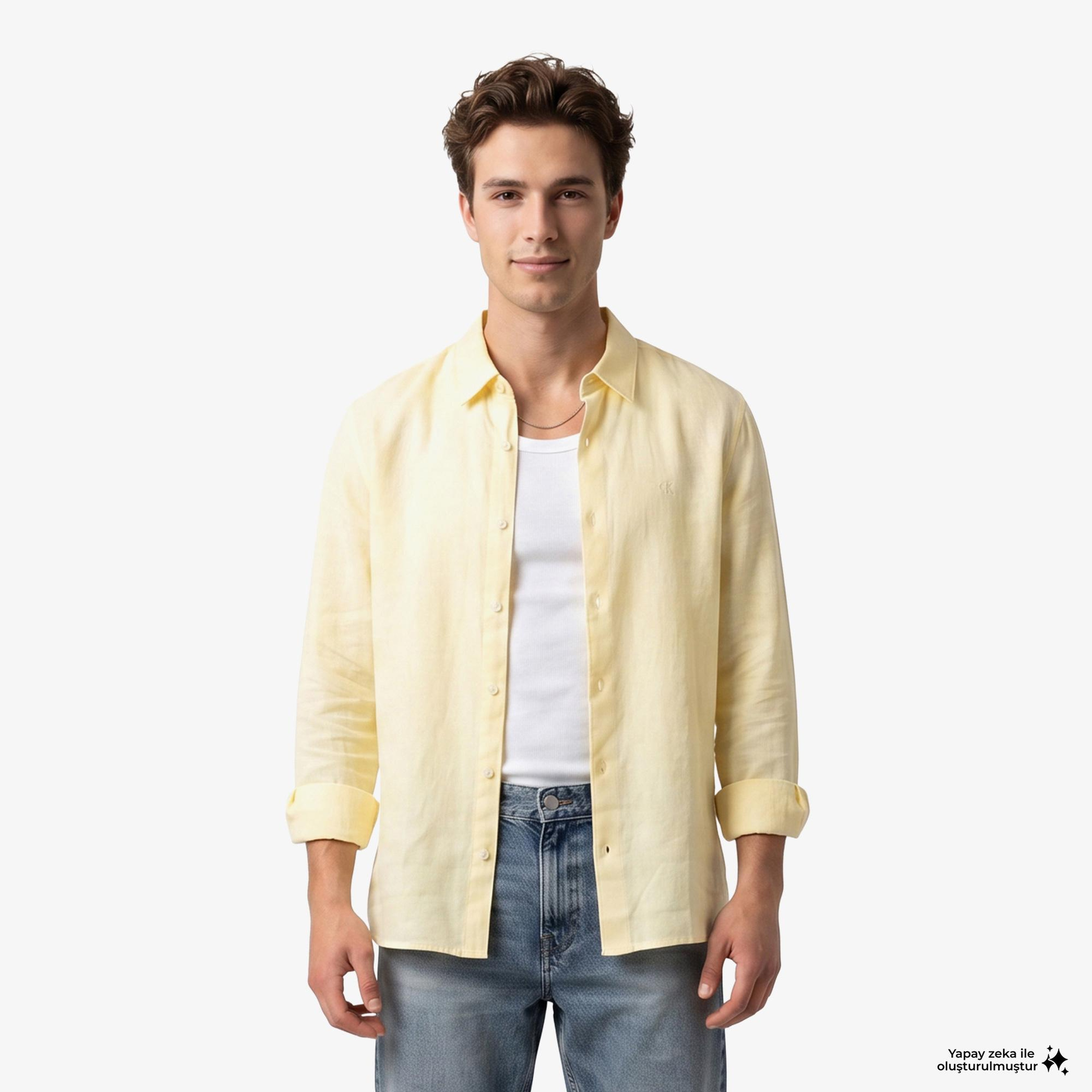 Calvin Klein Solid Classic Erkek Beyaz Keten Gömlek