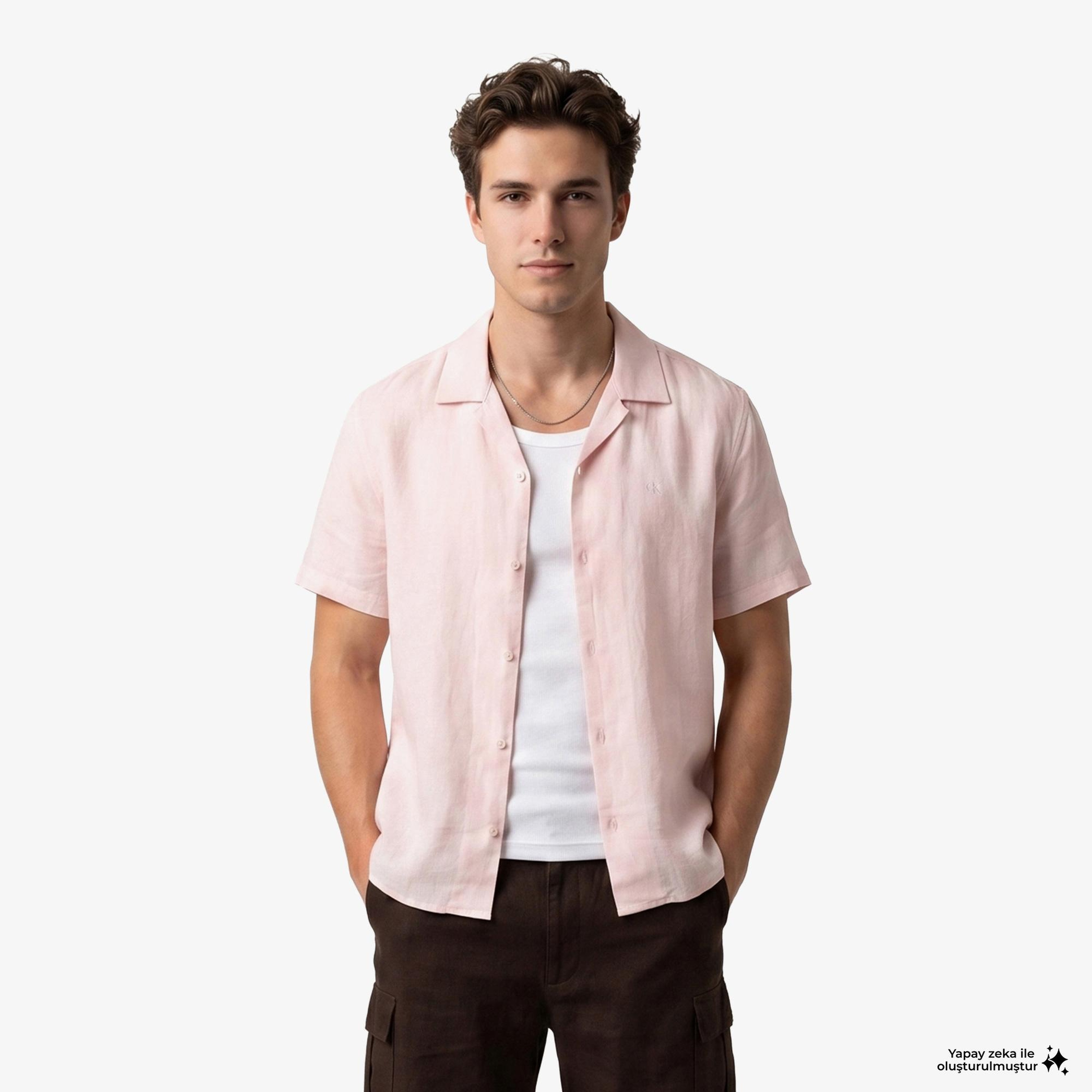 Calvin Klein Camp Collar Solid Class Erkek Turuncu Keten Gömlek