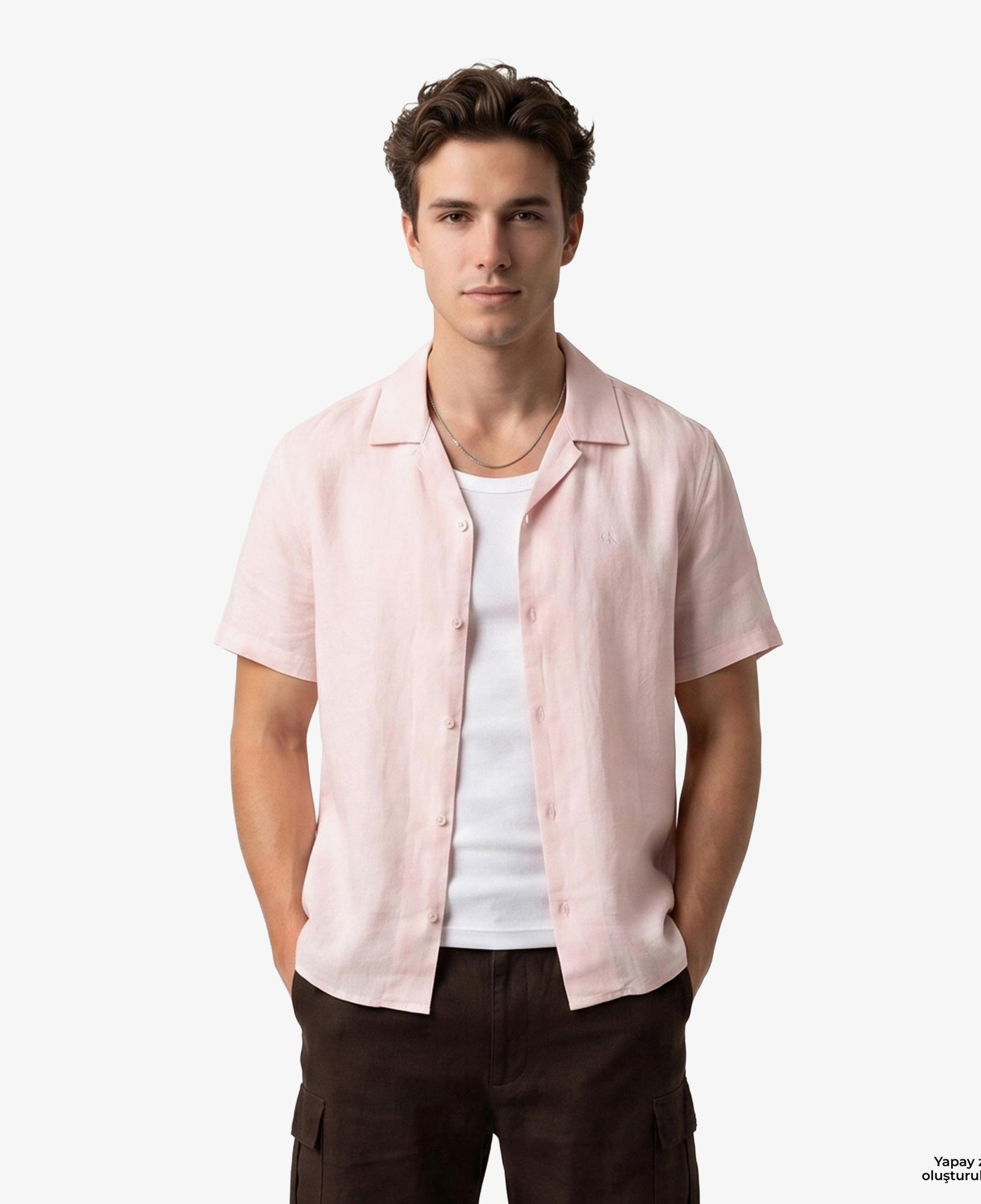 Calvin Klein Camp Collar Solid Class Erkek Turuncu Keten Gömlek