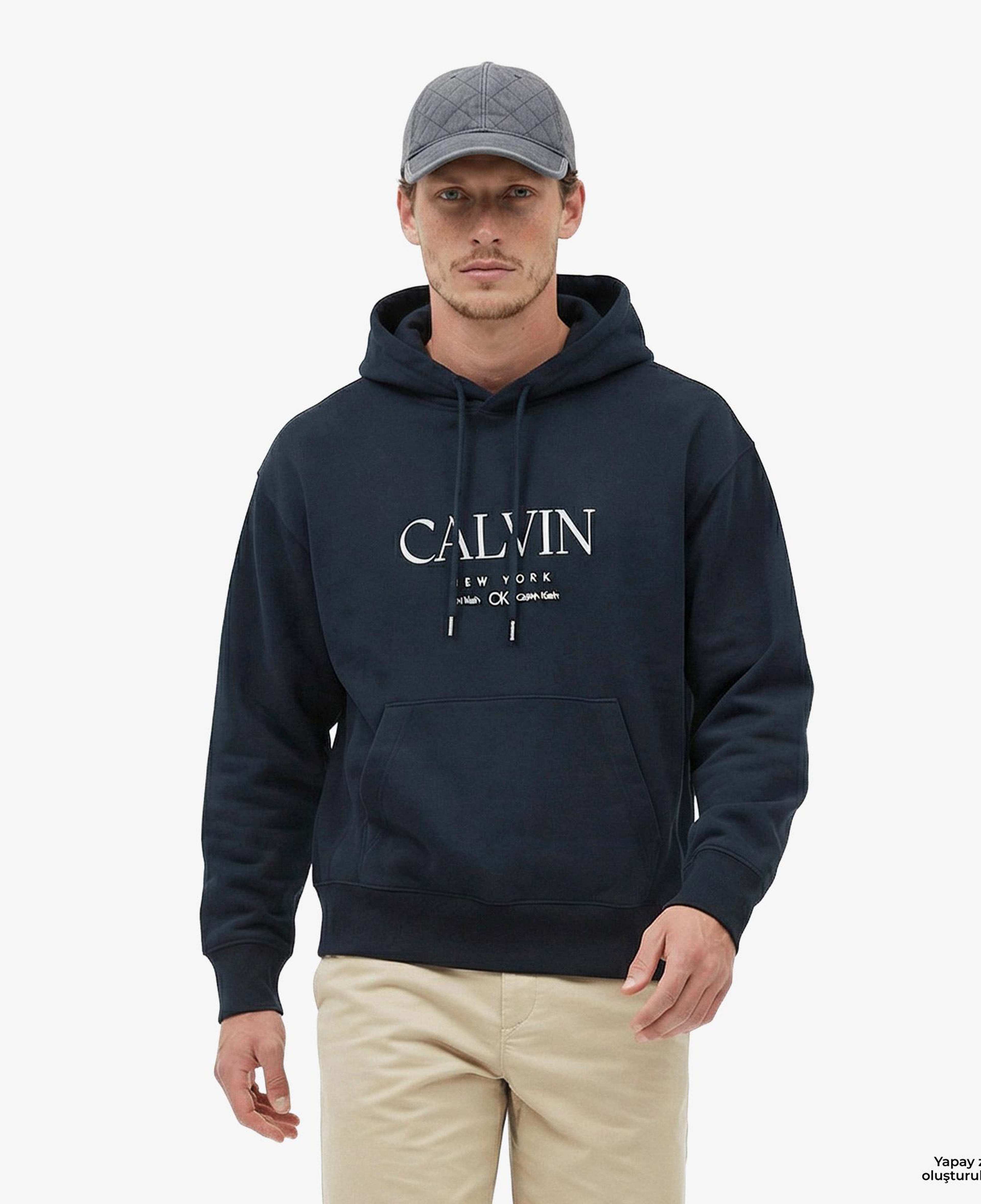Calvin Klein Premium Fleece Graphic Erkek Mavi Sweatshirt