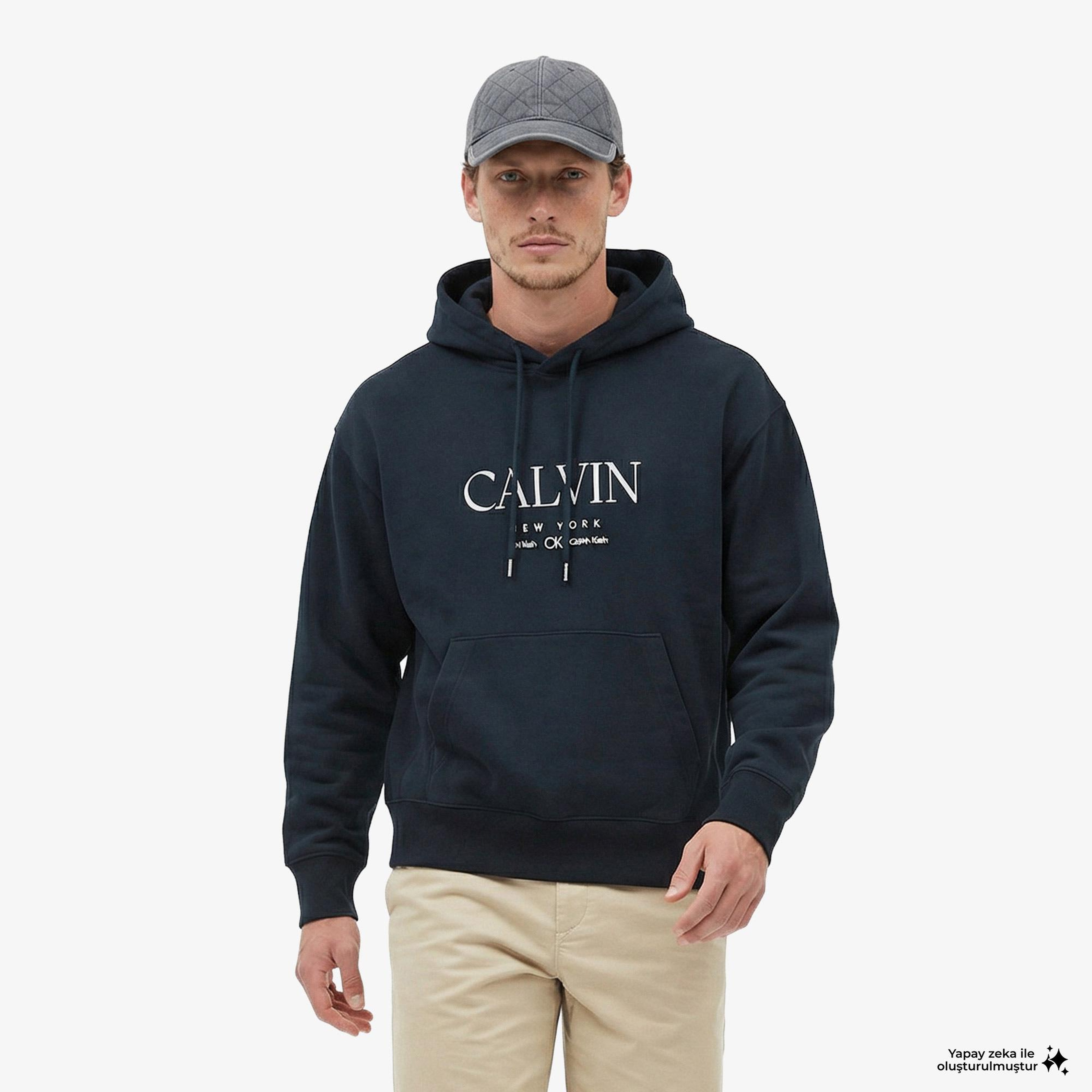 Calvin Klein Premium Fleece Graphic Erkek Mavi Sweatshirt